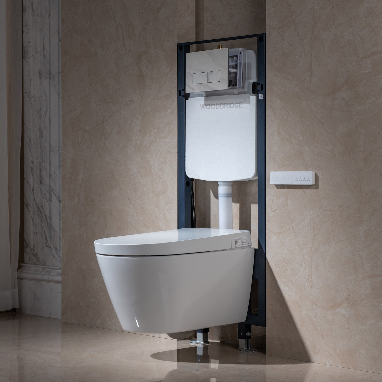  WOODBRIDGE  Intelligent Compact Elongated Dual-flush wall hung toilet with Bidet Wash Function, Heated Seat & Dryer. Matching Concealed Tank system and White Marble Stone Slim Flush Plates Included.LT611 + SWHT611+FP611-WH_554