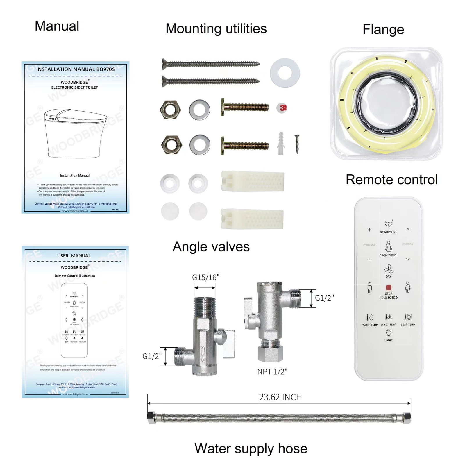  WOODBRIDGE B0970S-1.0(no foot sensor) Smart Bidet Toilet Elongated One Piece Modern Design, Heated Seat with Integrated Multi Function Remote Control, White_8448
