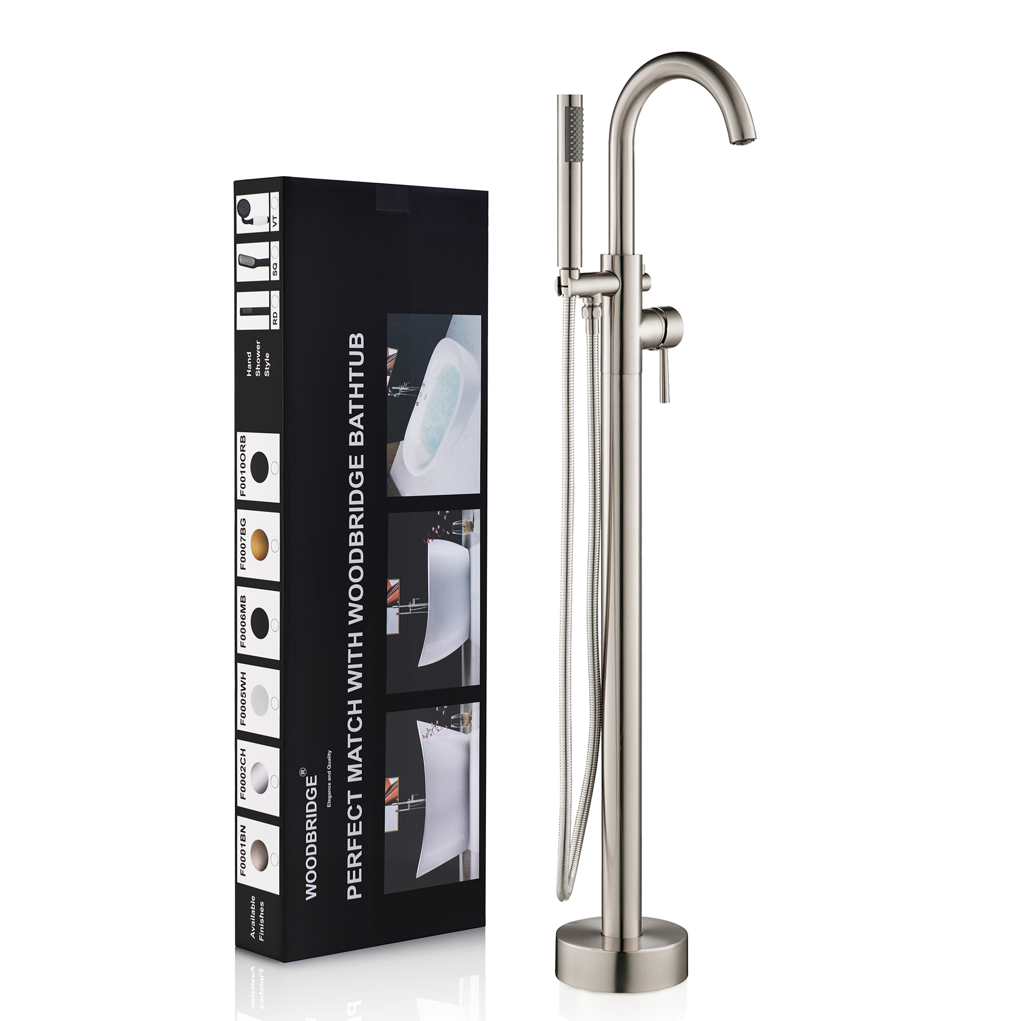  WOODBRIDGE F0001BNRD Contemporary Single Handle Floor Mount Freestanding Tub Filler Faucet with Hand shower in Brushed Nickel Finish._11453