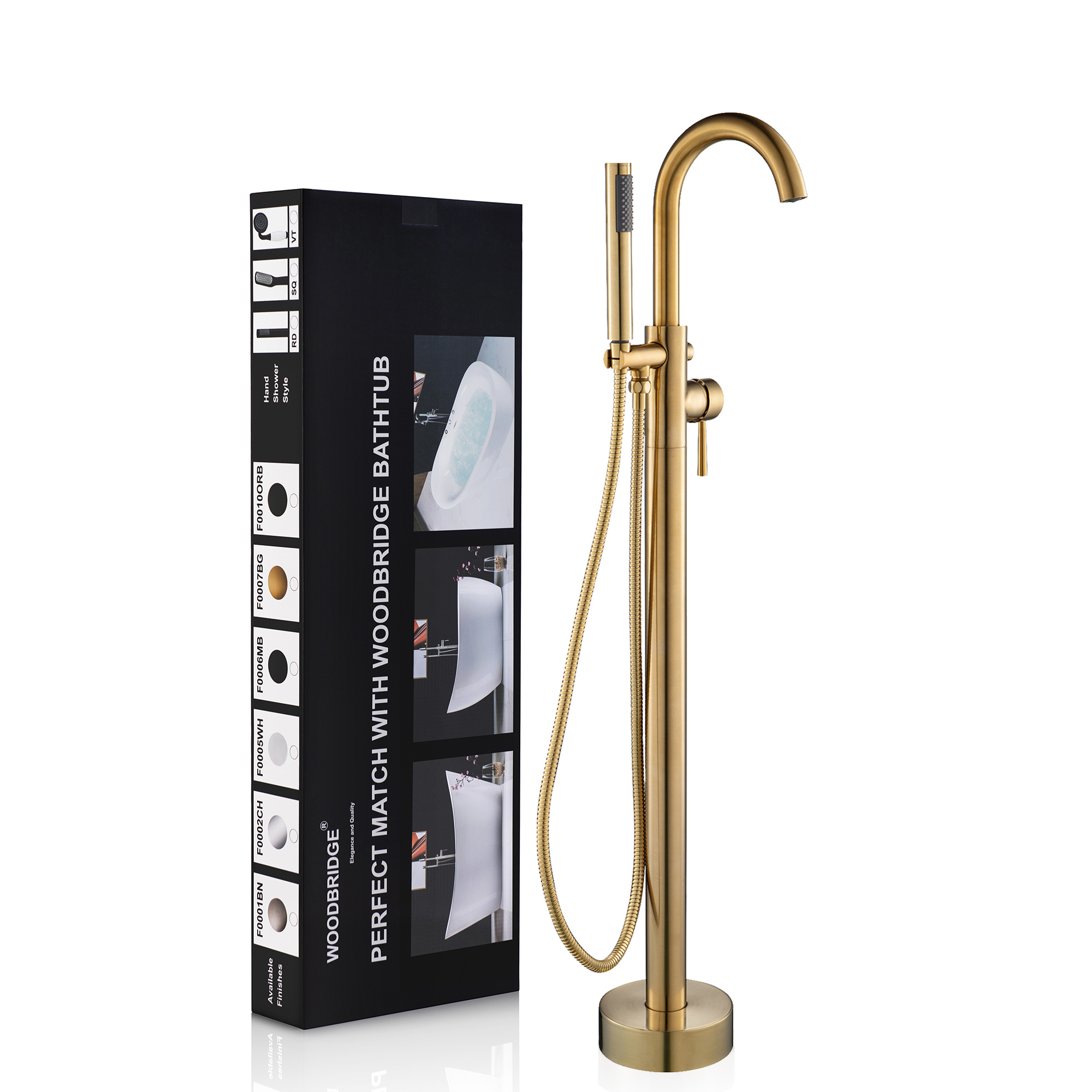  WOODBRIDGE F0007BGRD Contemporary Single Handle Floor Mount Freestanding Tub Filler Faucet with Hand shower in Brushed Gold Finish._11463