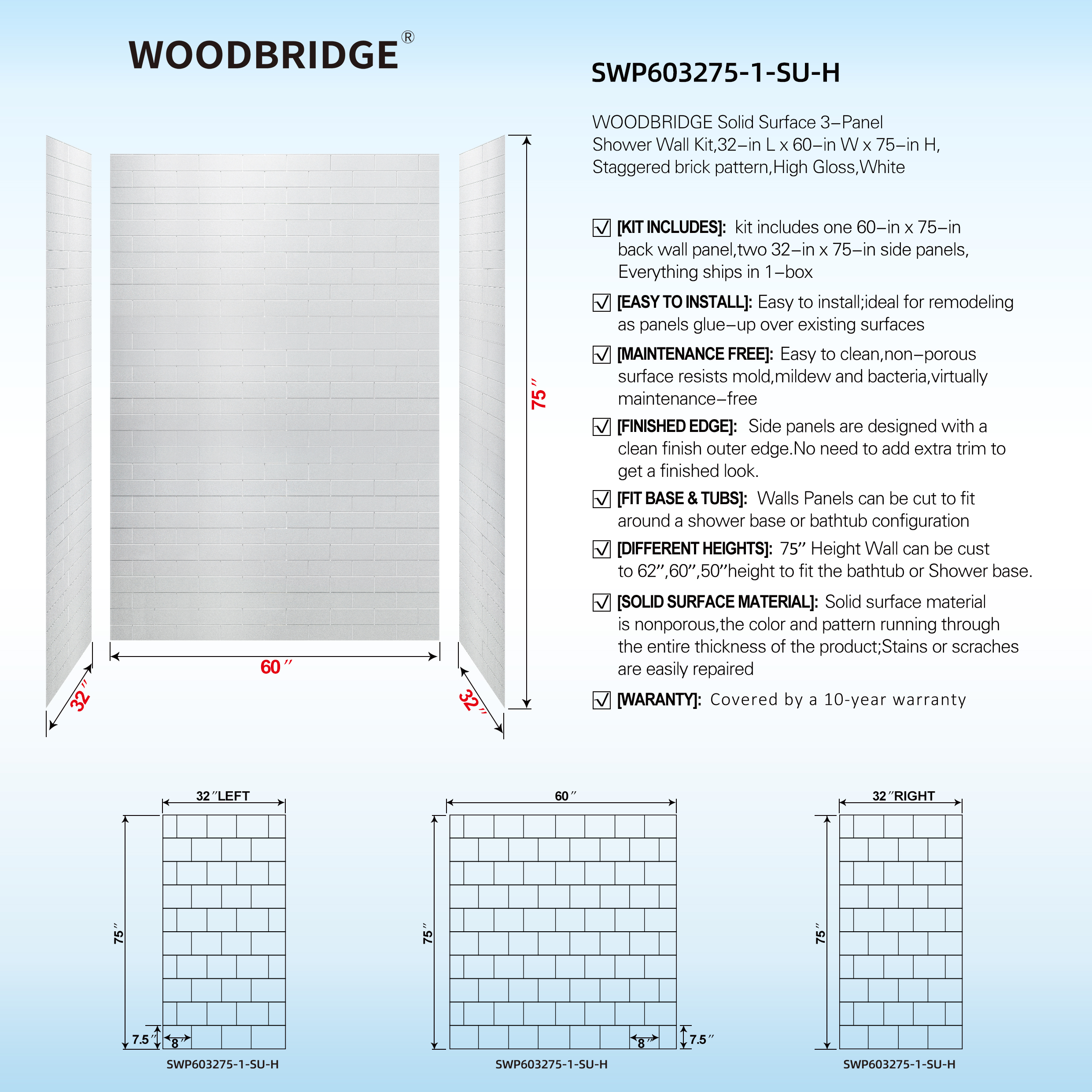  WOODBRIDGE  Solid Surface 3-Panel Shower Wall Kit, 32-in L x 60-in W x 75-in H, Staggered Brick Pattern, High Gloss White Finish_11702