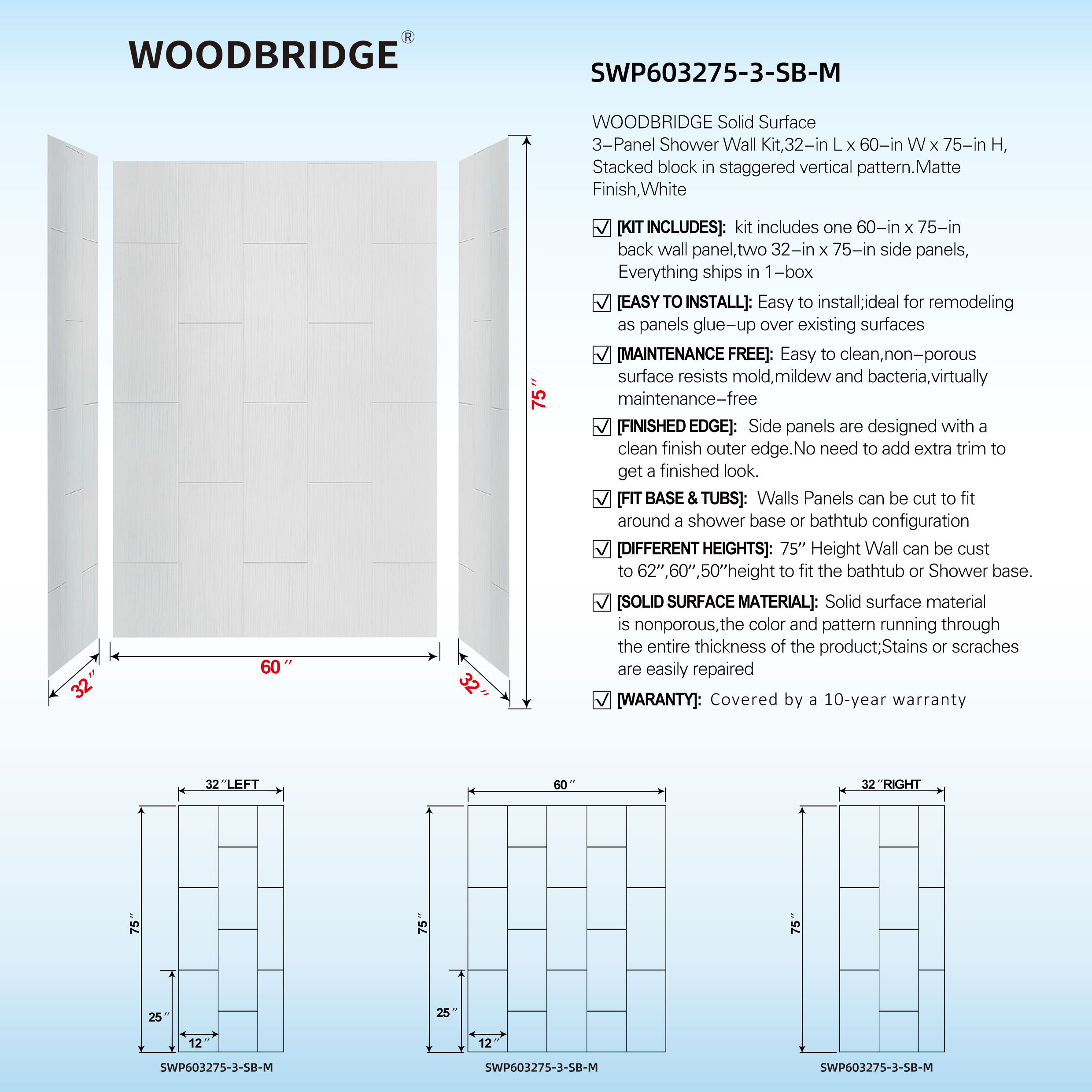  WOODBRIDGE  Solid Surface 3-Panel Shower Wall Kit, 32-in L x 60-in W x 75-in H, Stacked block in a staggered vertical pattern.  Matte Finish, White_11715