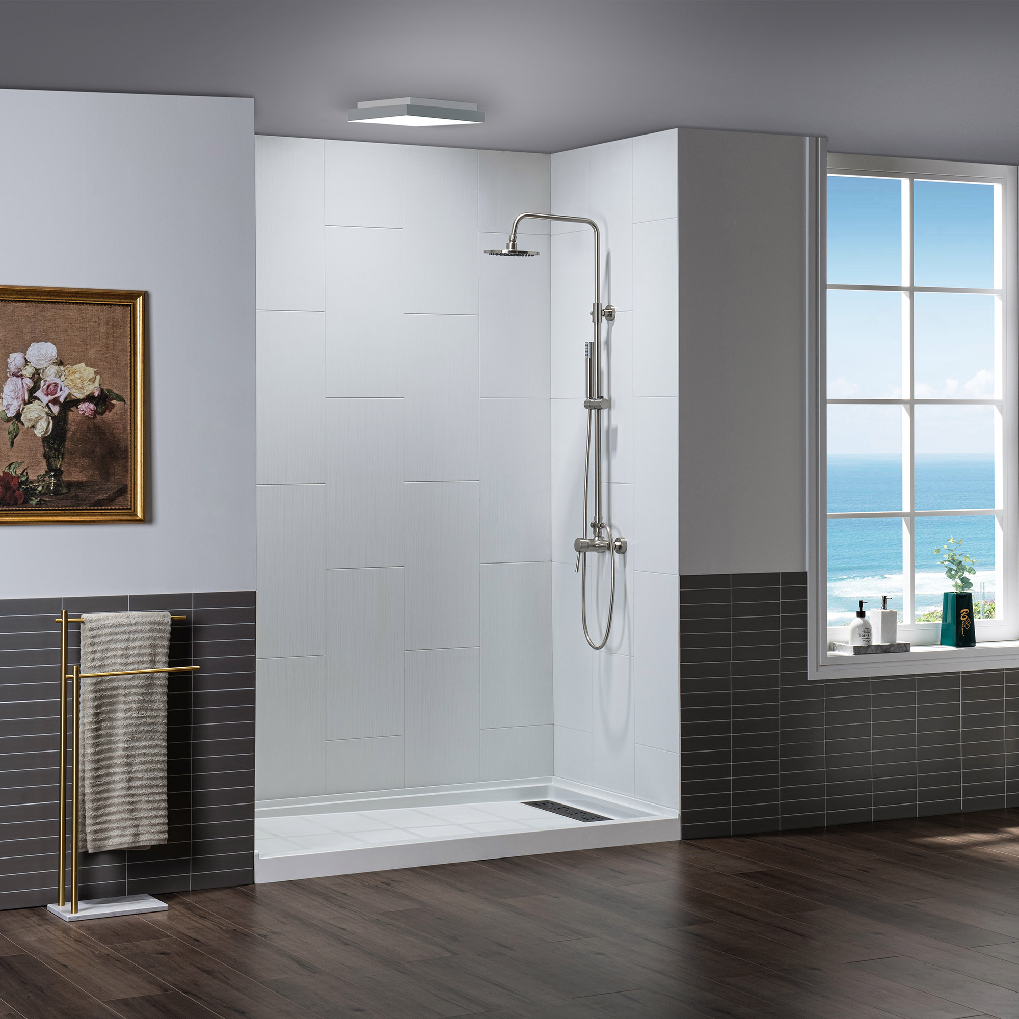  WOODBRIDGE  Solid Surface 3-Panel Shower Wall Kit, 32-in L x 60-in W x 75-in H, Stacked block in a staggered vertical pattern.  Matte Finish, White_11741