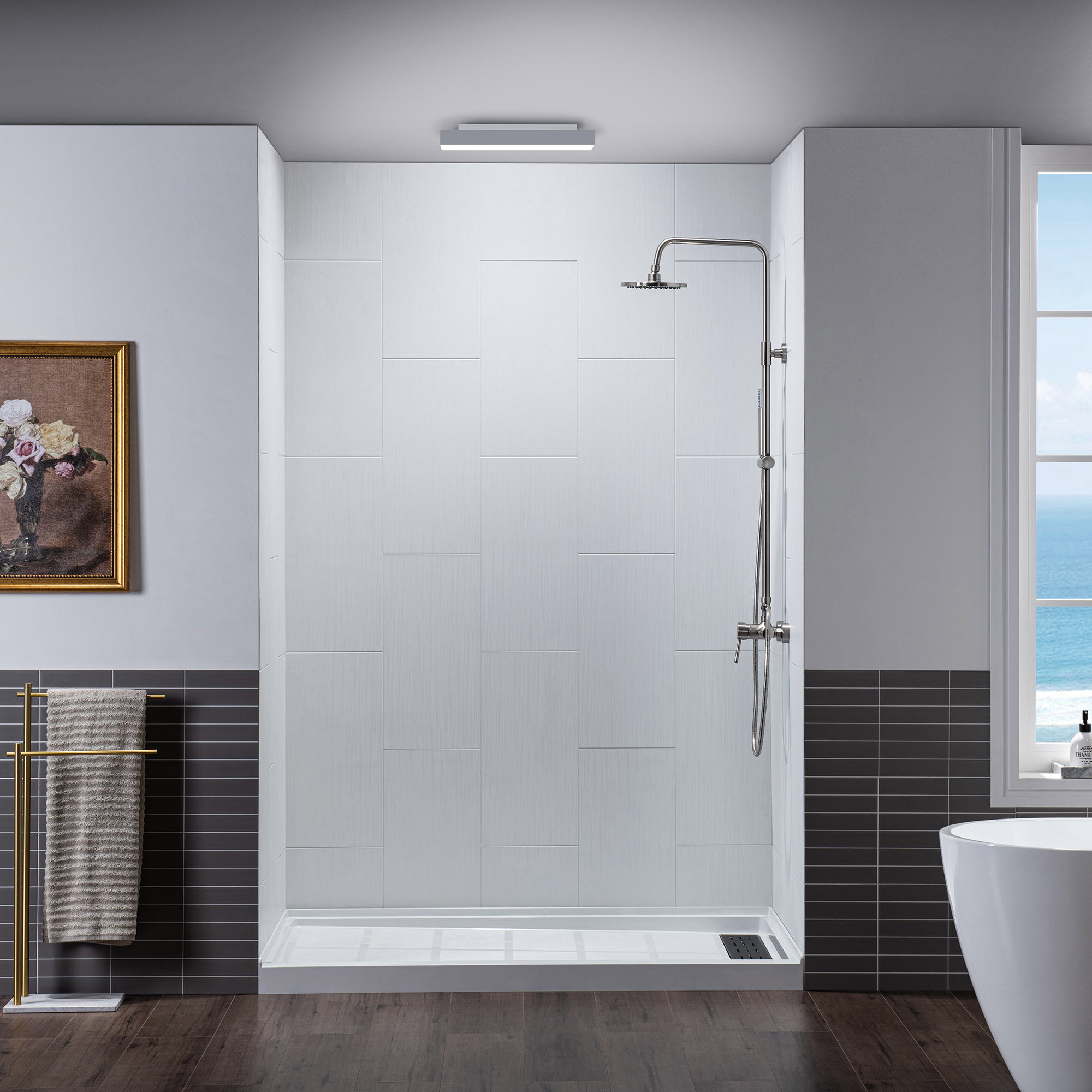  WOODBRIDGE  Solid Surface 3-Panel Shower Wall Kit, 32-in L x 60-in W x 75-in H, Stacked block in a staggered vertical pattern.  Matte Finish, White_11742