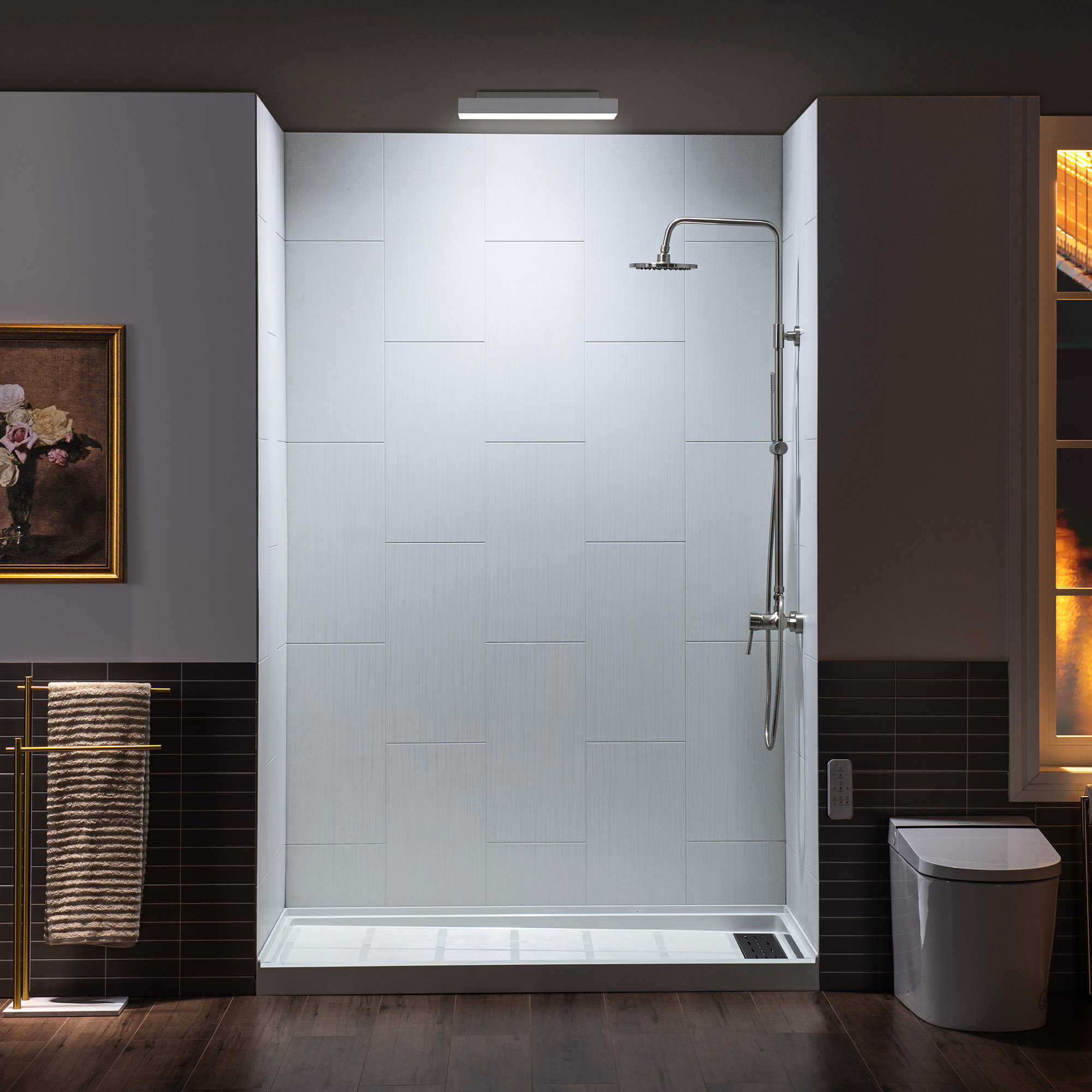  WOODBRIDGE Solid Surface 3-Panel Shower Wall Kit, 36-in L x 60-in W x 75-in H, Stacked Block in a Staggered Vertical Pattern. Matte White Finish_11744