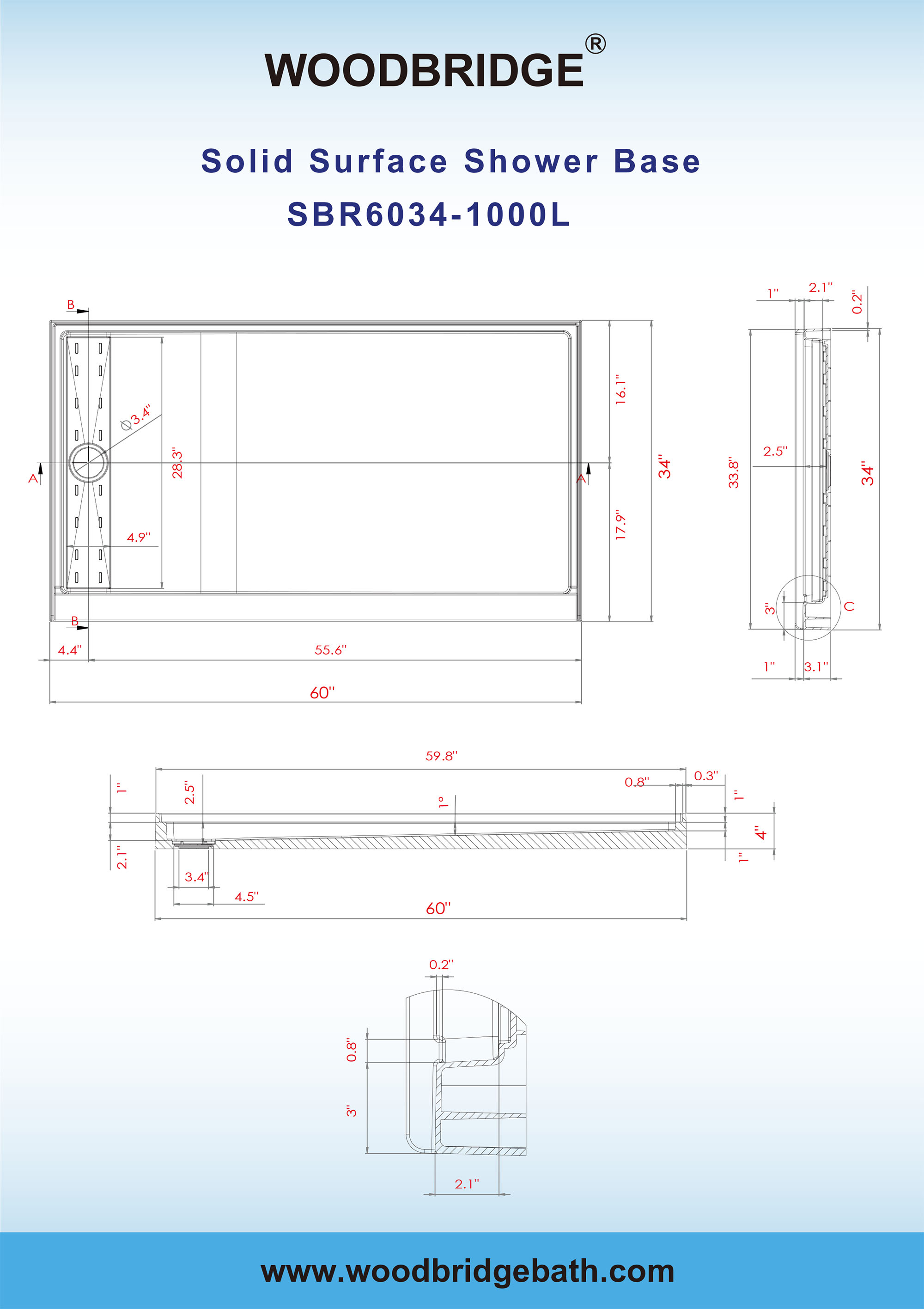  WOODBRIDGE Solid Surface Shower Base with 3-Panel Shower Wall Kit,  SBR6032-1000L +SWP603296-1-SU-H_11753