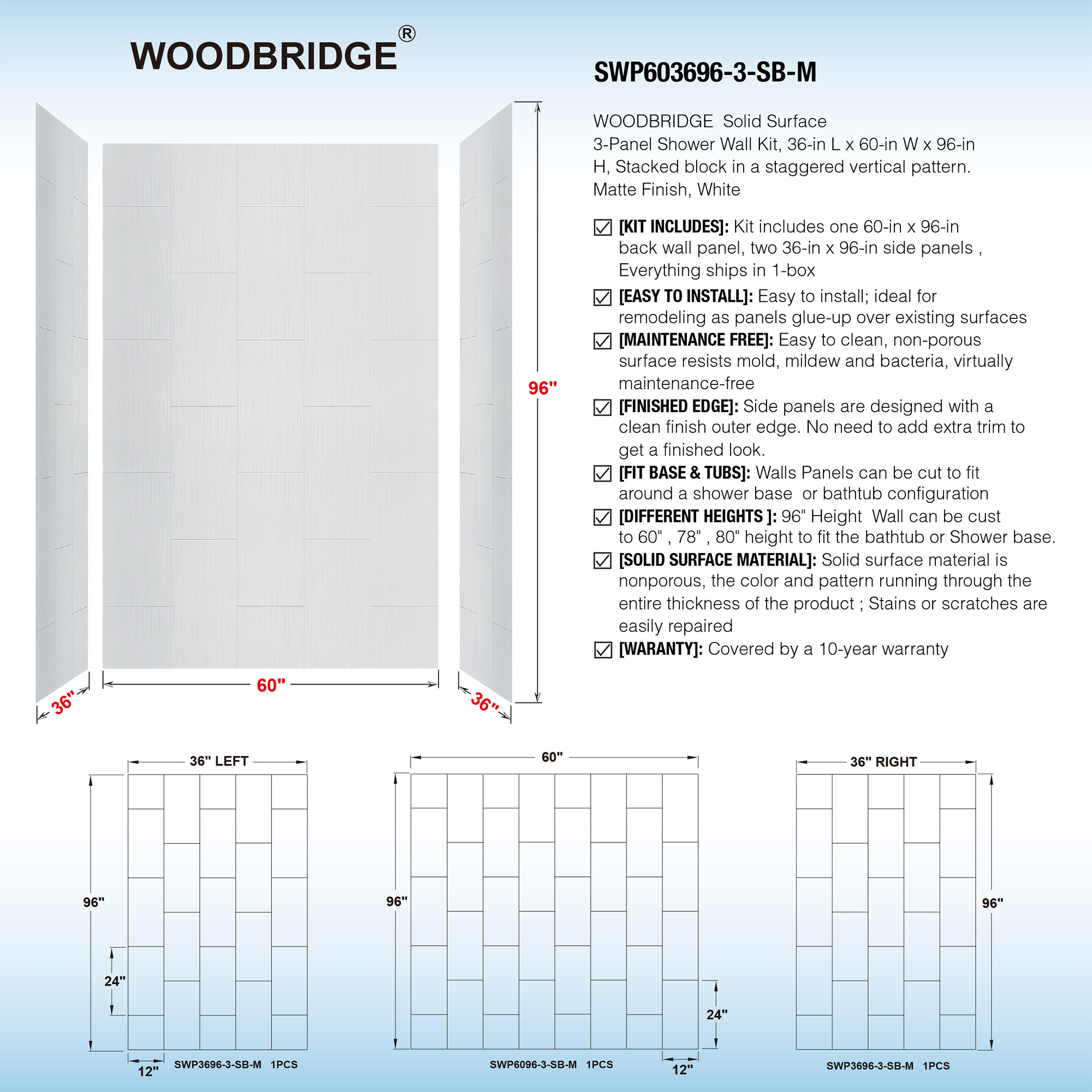  WOODBRIDGE Solid Surface Shower Base with 3-Panel Shower Wall Kit,  SBR6034-1000L +SWP603696-3-SB-M_11762