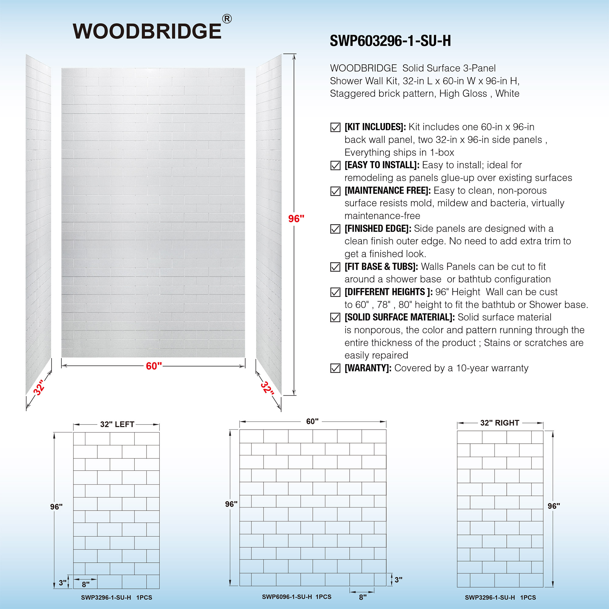  WOODBRIDGE Solid Surface Shower Base with 3-Panel Shower Wall Kit,  SBR6032-1000L +SWP603296-1-SU-H_11764