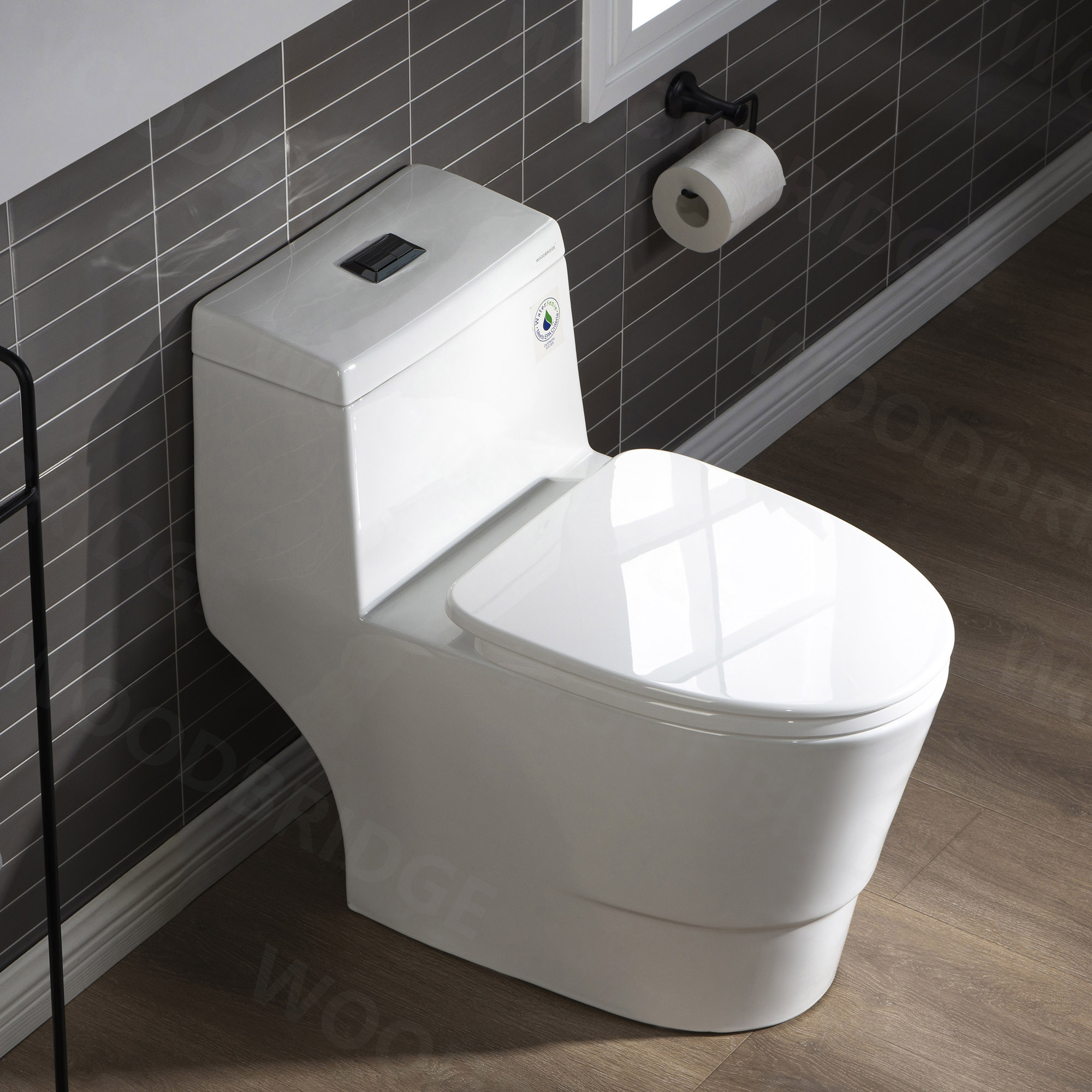  WOODBRIDGE One Piece, 1.28 GPF Dual, Chair Height, Water Sensed, 1000 Gram MaP Flushing Score Toilet with Matte Black Button T0001-MB, White (2 -Pack)_11861