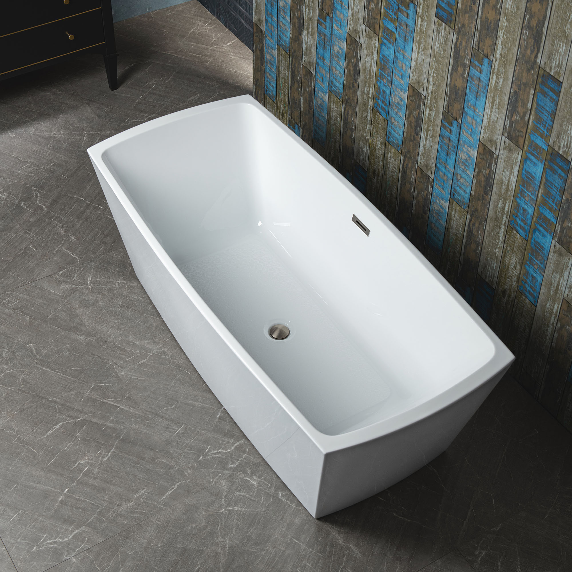 ᐅ【WOODBRIDGE 59 Acrylic Freestanding Double Ended Contemporary Soaking Tub  with Brushed Nickel Overflow and Drain Option, White, B1405-WOODBRIDGE】