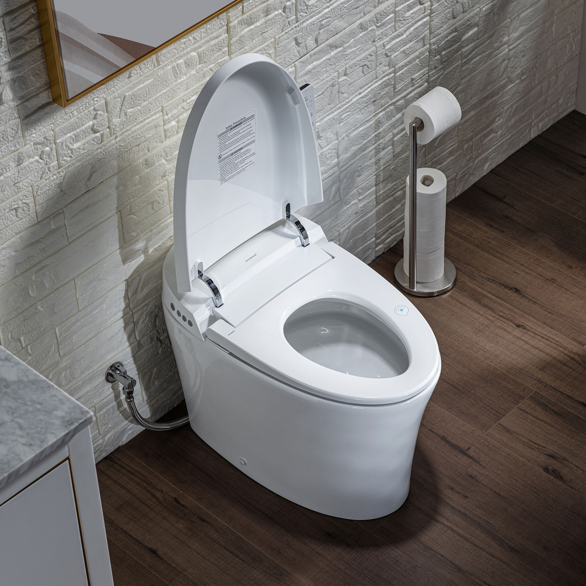  WOODBRIDGE B0970S Smart Bidet Tankless Toilet Elongated One Piece Chair Height, Auto Flush, Foot Sensor Operation, Heated Seat with Integrated Multi Function Remote Control in White_12171