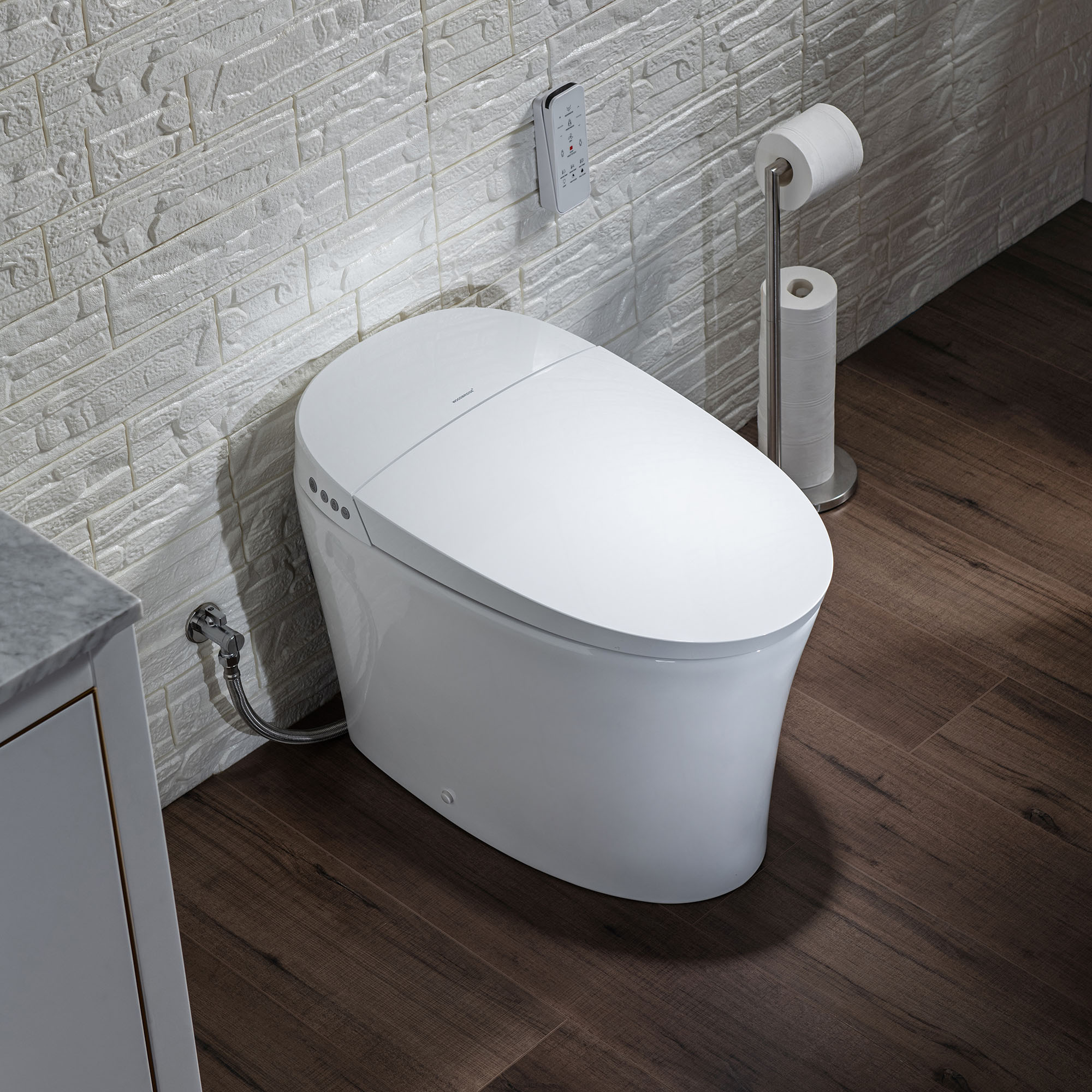  WOODBRIDGE B0970S Smart Bidet Tankless Toilet Elongated One Piece Chair Height, Auto Flush, Foot Sensor Operation, Heated Seat with Integrated Multi Function Remote Control in White_12174