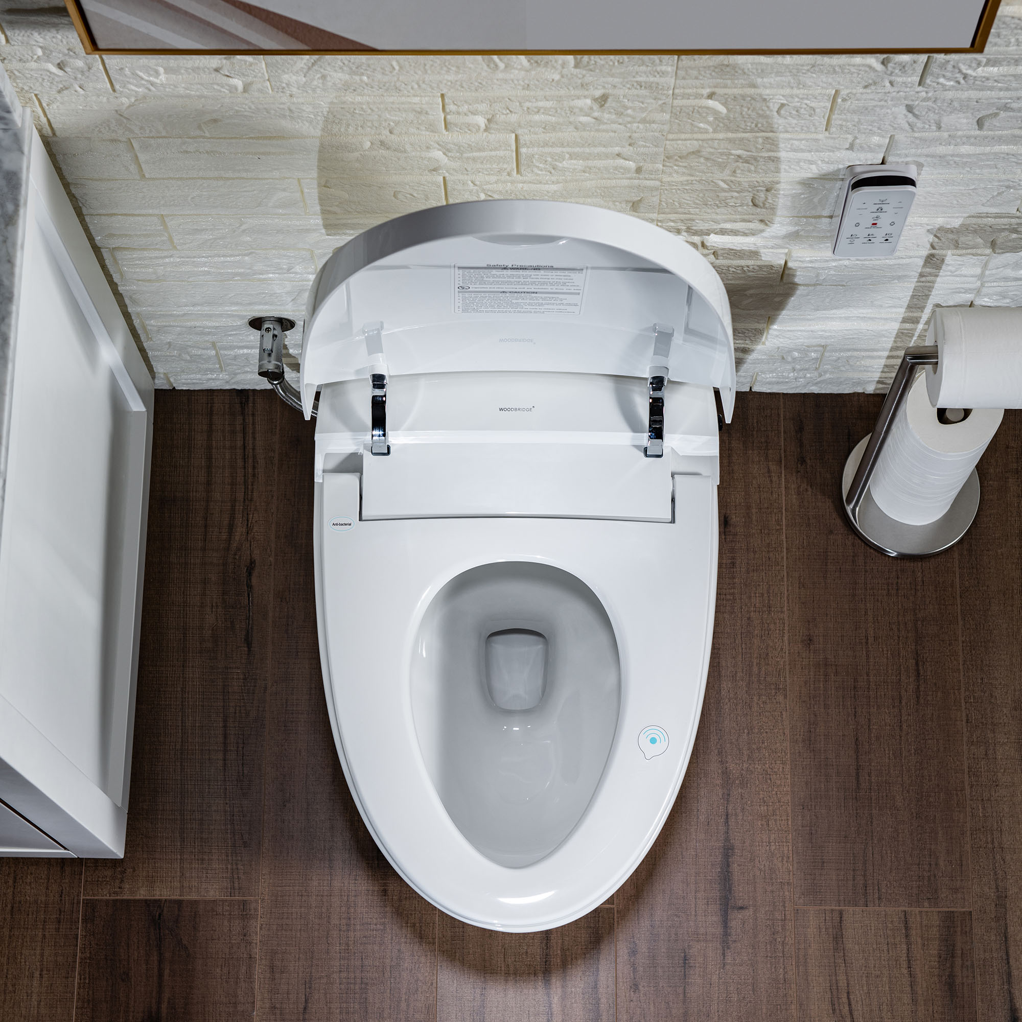  WOODBRIDGE B0970S Smart Bidet Tankless Toilet Elongated One Piece Chair Height, Auto Flush, Foot Sensor Operation, Heated Seat with Integrated Multi Function Remote Control in White_12177