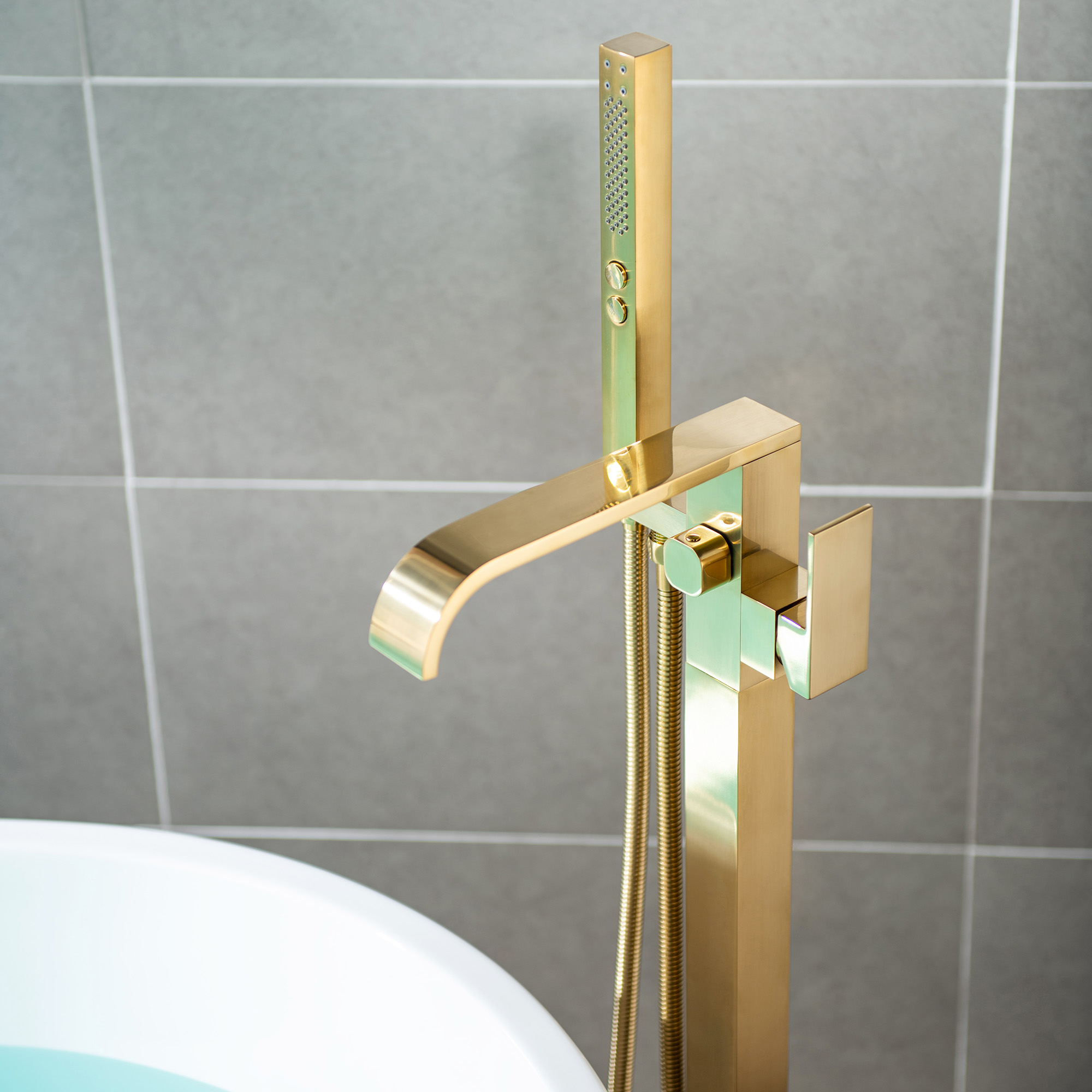  WOODBRIDGE F0039BG Contemporary Single Handle Floor Mount Freestanding Tub Filler Faucet with Hand shower in Brushed Gold Finish._12216