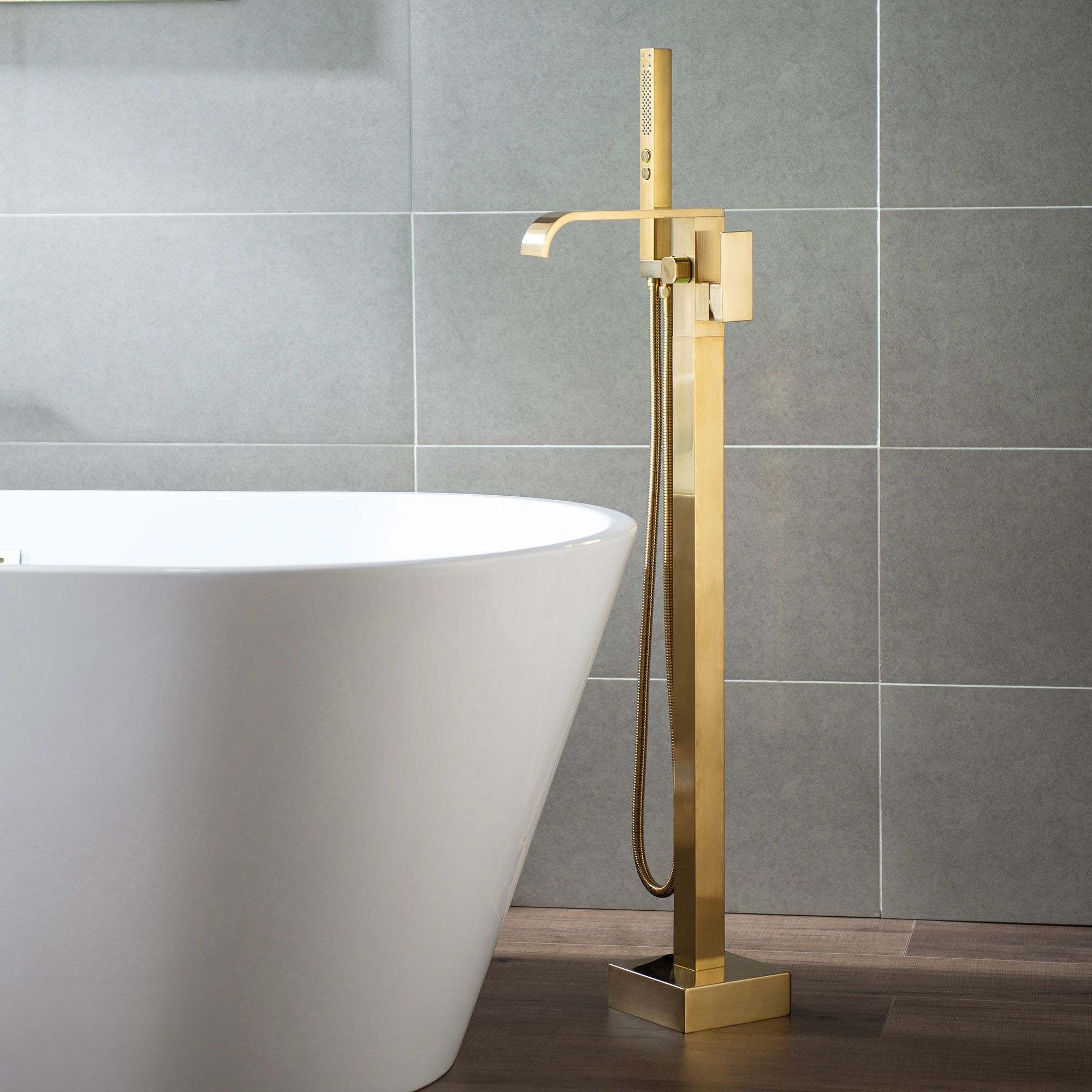  WOODBRIDGE F0039BG Contemporary Single Handle Floor Mount Freestanding Tub Filler Faucet with Hand shower in Brushed Gold Finish._12218