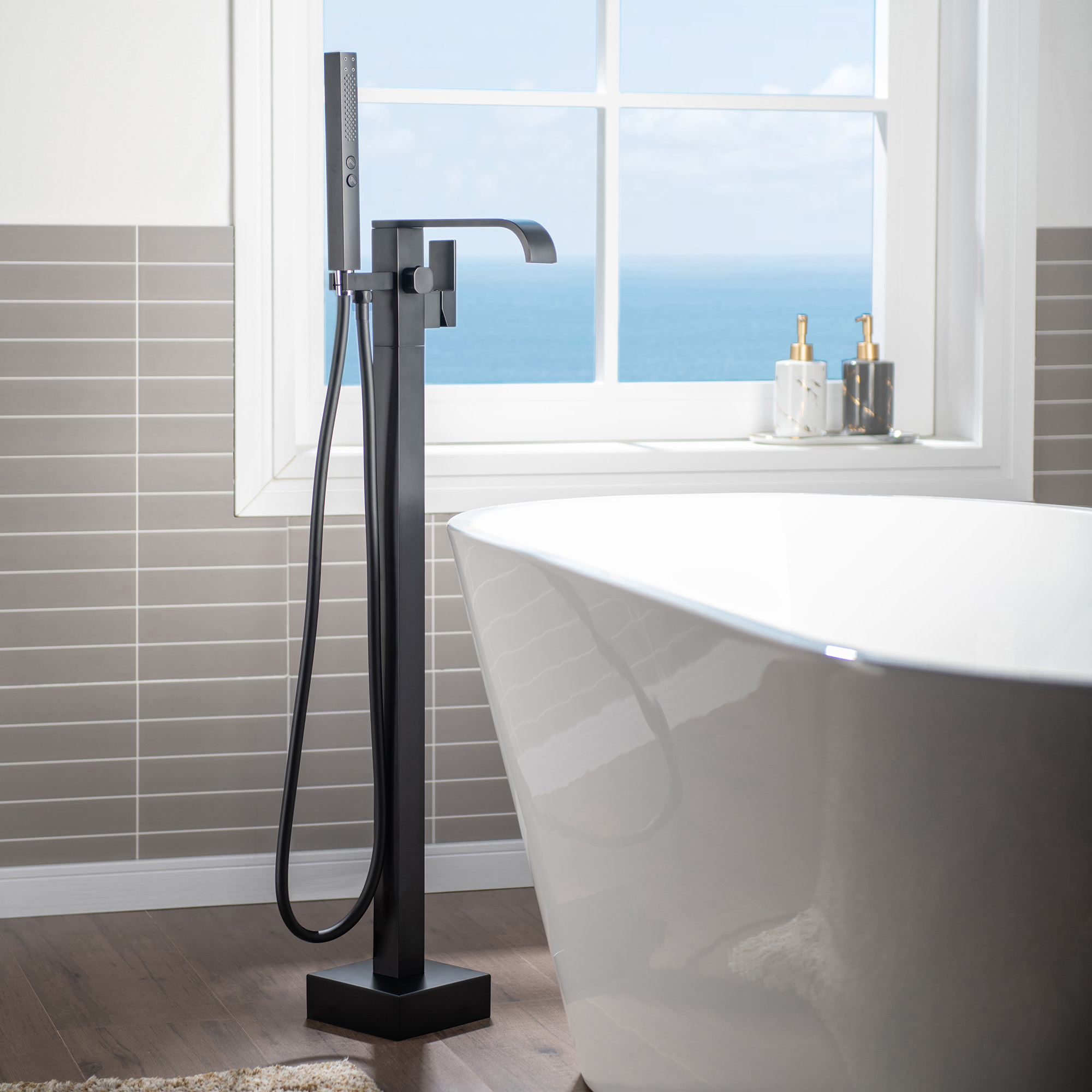 Gotonovo Floor Mount Freestanding Bathtub Faucet With Hand Shower - Chrome/Nickel