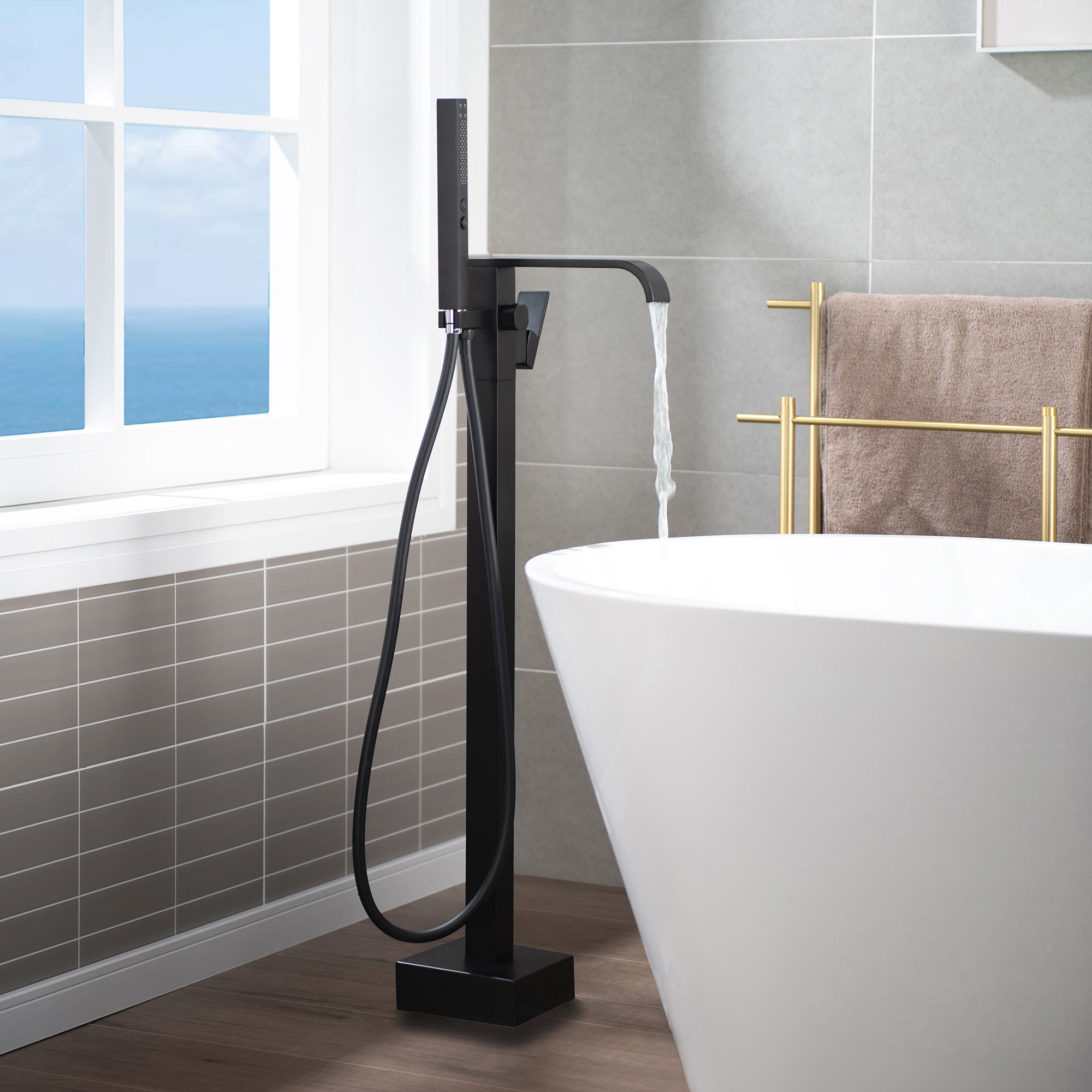 WOODBRIDGE F0037MB Contemporary Single Handle Floor Mount Freestanding Tub Filler Faucet with Hand shower in Matte Black Finish._12240