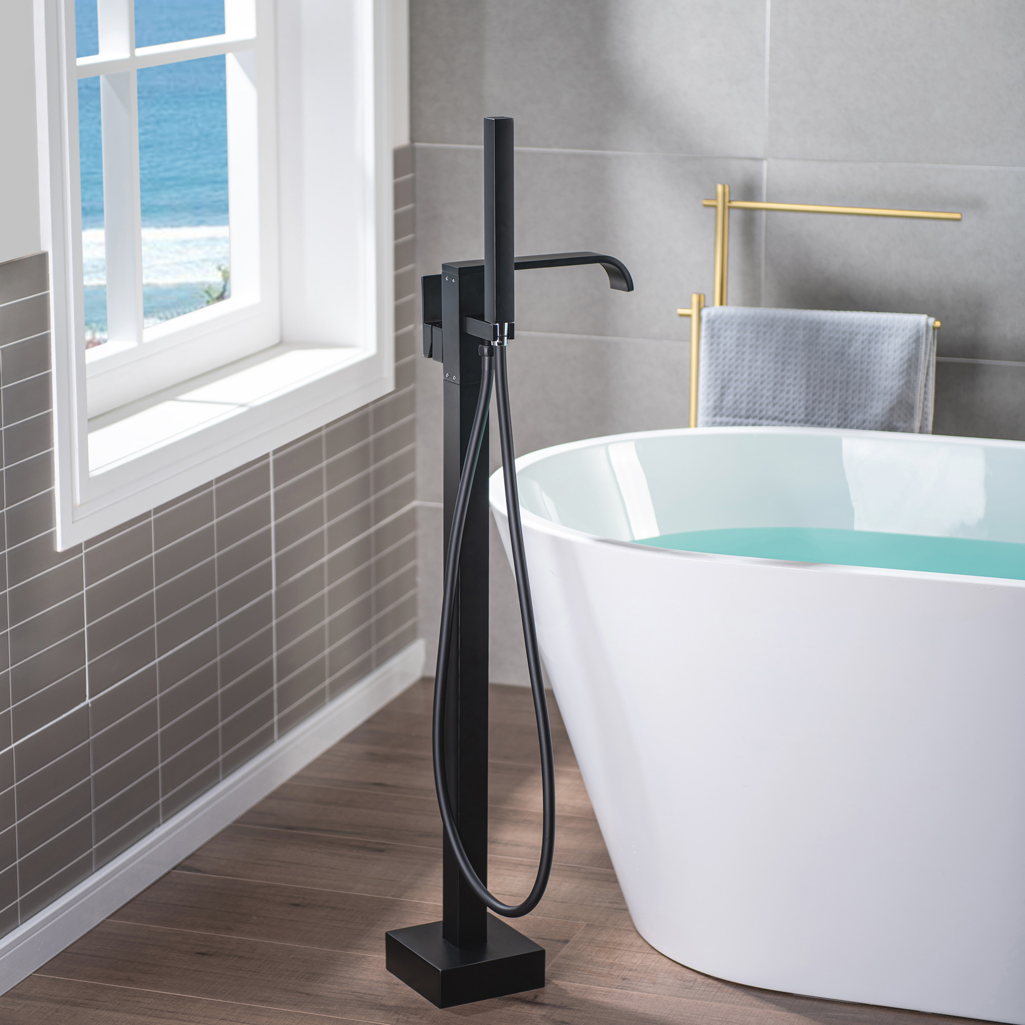  WOODBRIDGE F0037MB Contemporary Single Handle Floor Mount Freestanding Tub Filler Faucet with Hand shower in Matte Black Finish._12242