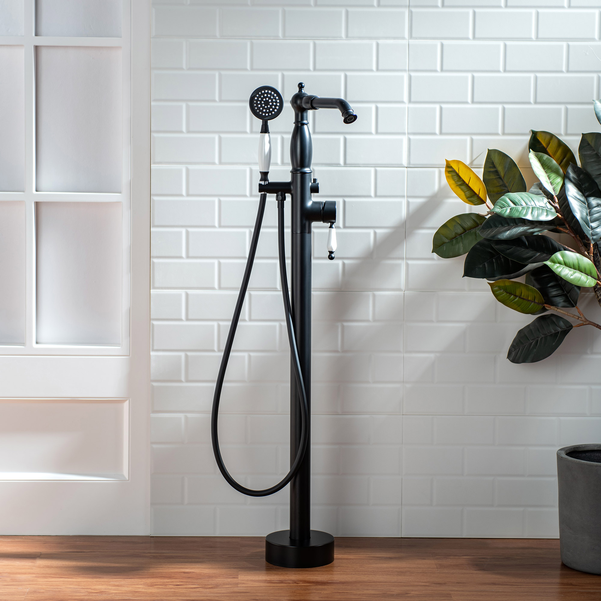  WOODBRIDGE F0048MB Fusion Single Handle Floor Mount Freestanding Tub Filler Faucet with Telephone Hand shower in Matte Black Finish_12262