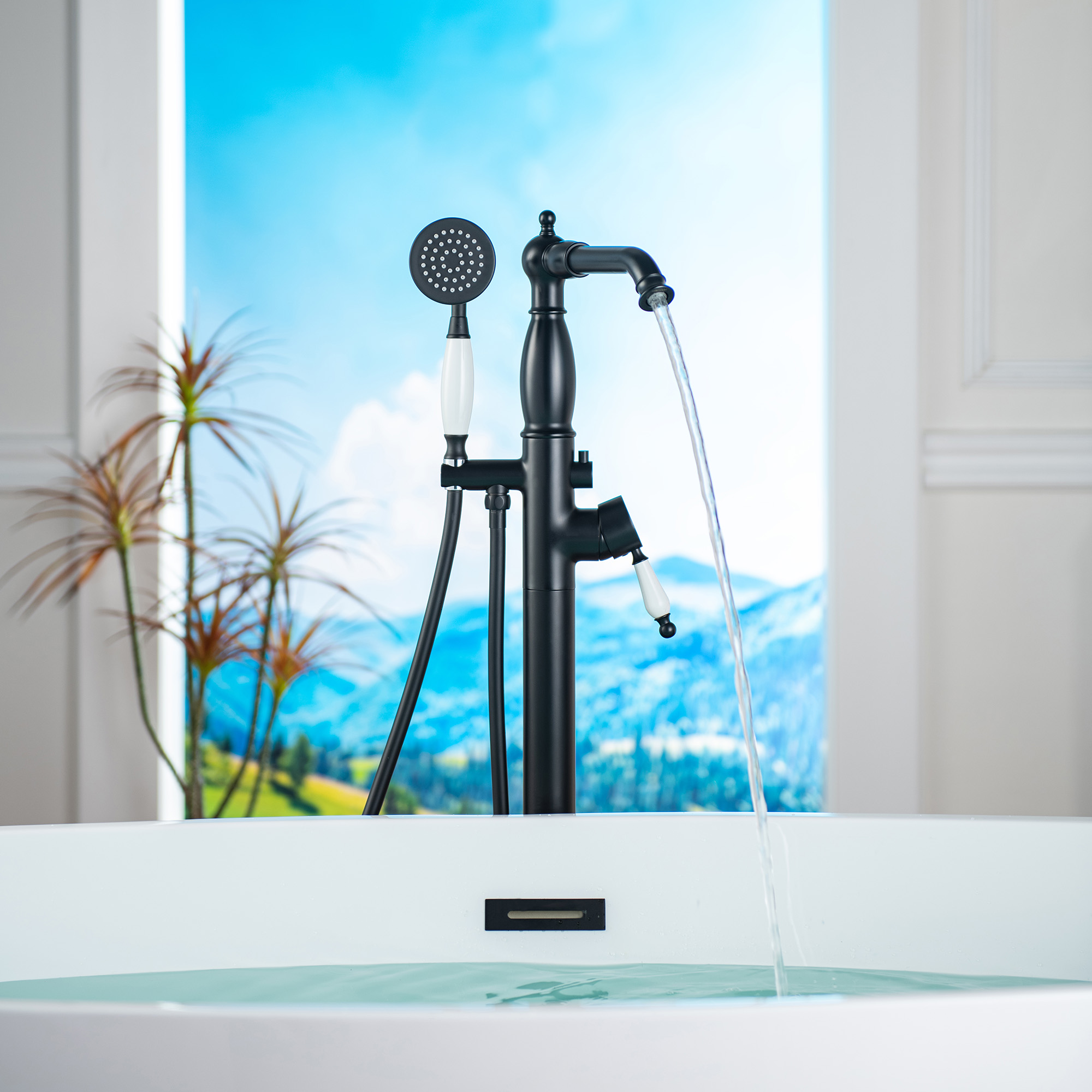  WOODBRIDGE F0048MB Fusion Single Handle Floor Mount Freestanding Tub Filler Faucet with Telephone Hand shower in Matte Black Finish_12264