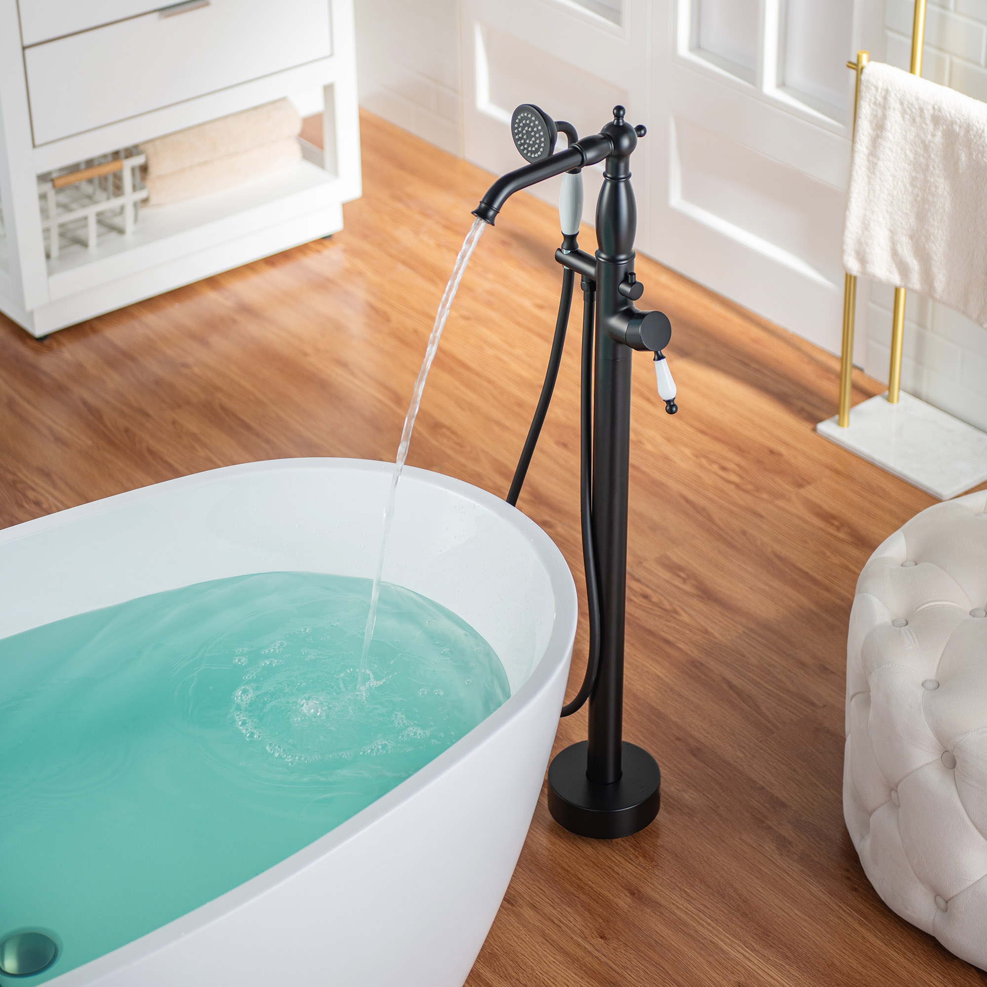  WOODBRIDGE F0048MB Fusion Single Handle Floor Mount Freestanding Tub Filler Faucet with Telephone Hand shower in Matte Black Finish_12266