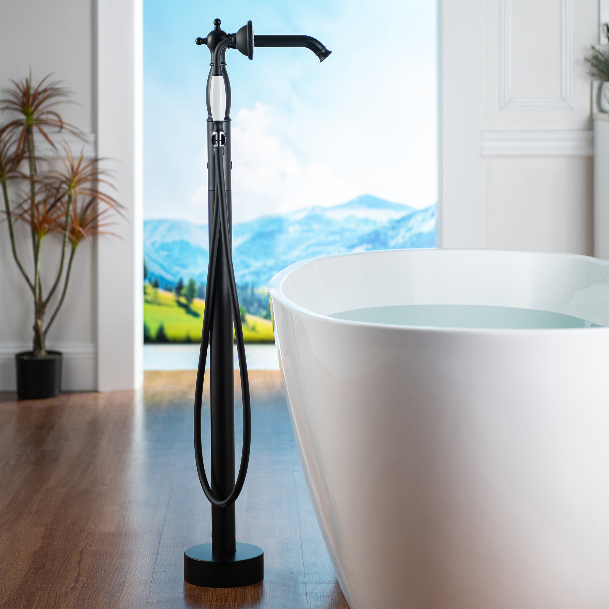  WOODBRIDGE F0048MB Fusion Single Handle Floor Mount Freestanding Tub Filler Faucet with Telephone Hand shower in Matte Black Finish_12270