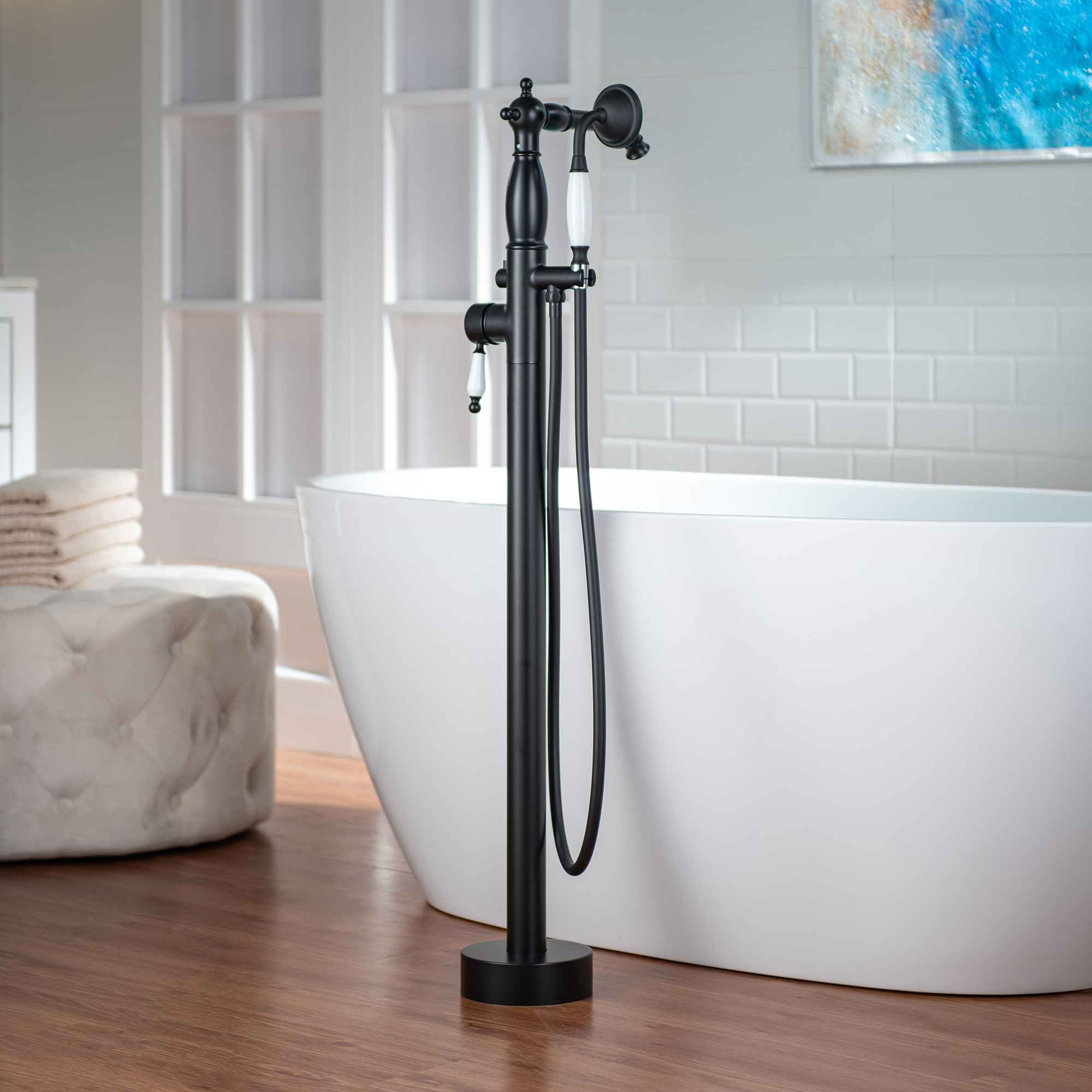  WOODBRIDGE F0048MB Fusion Single Handle Floor Mount Freestanding Tub Filler Faucet with Telephone Hand shower in Matte Black Finish_12271