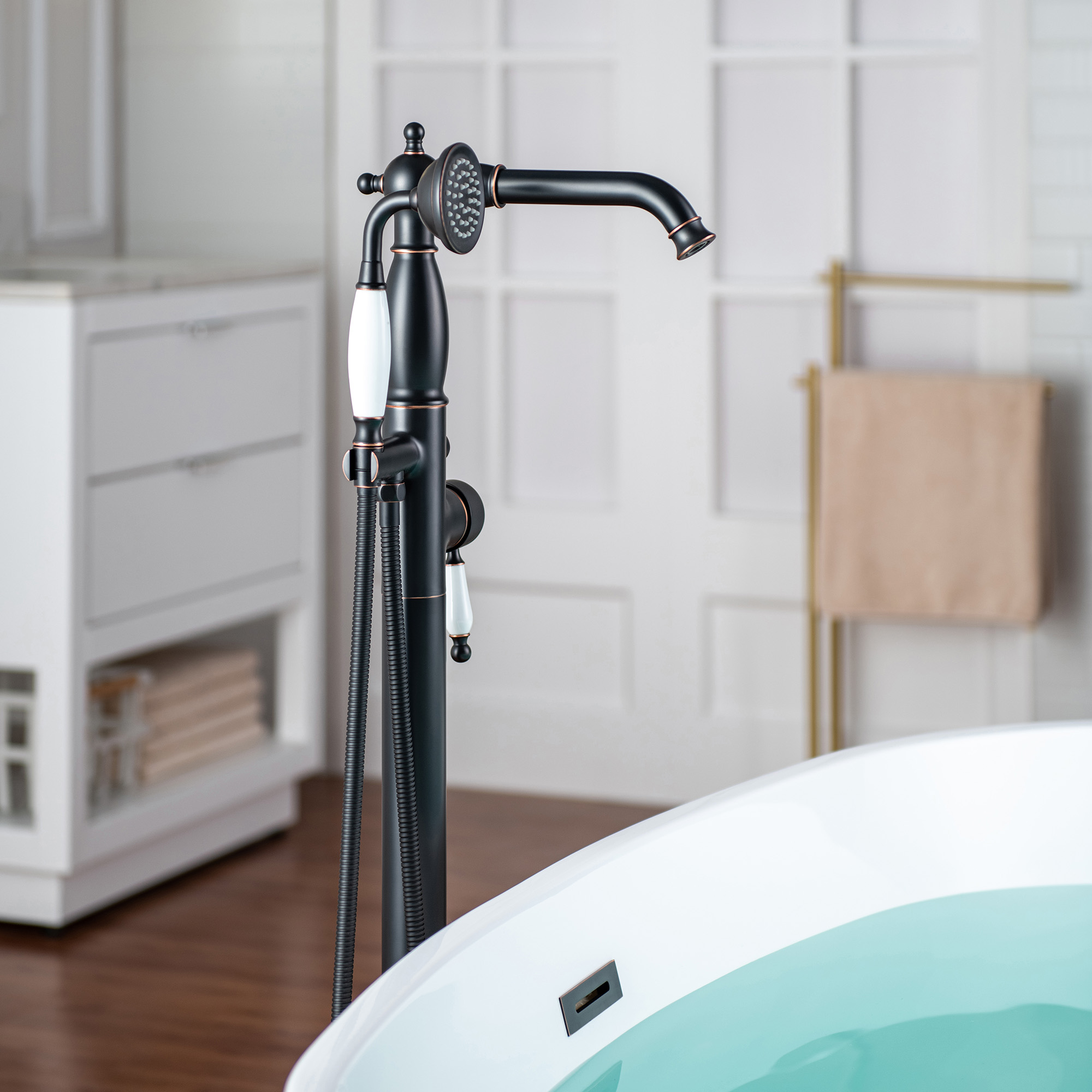  WOODBRIDGE F0049ORB Fusion Single Handle Floor Mount Freestanding Tub Filler Faucet with Telephone Hand shower in Oil Rubbed Bronze Finish_12274