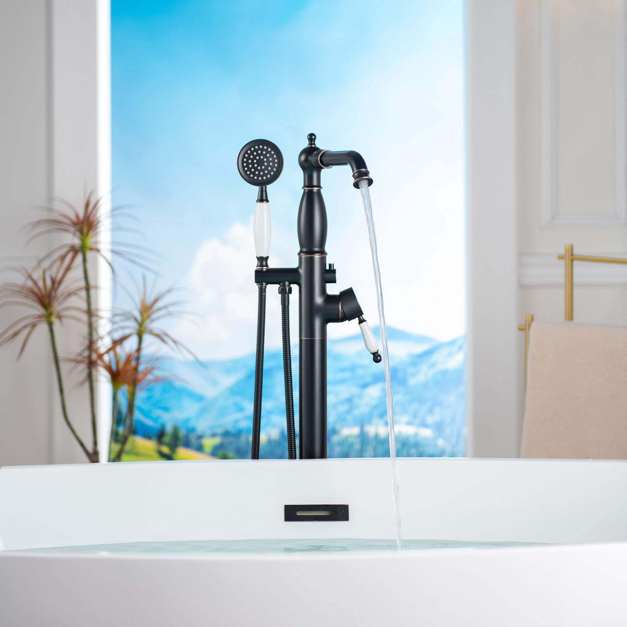  WOODBRIDGE F0049ORB Fusion Single Handle Floor Mount Freestanding Tub Filler Faucet with Telephone Hand shower in Oil Rubbed Bronze Finish_12275