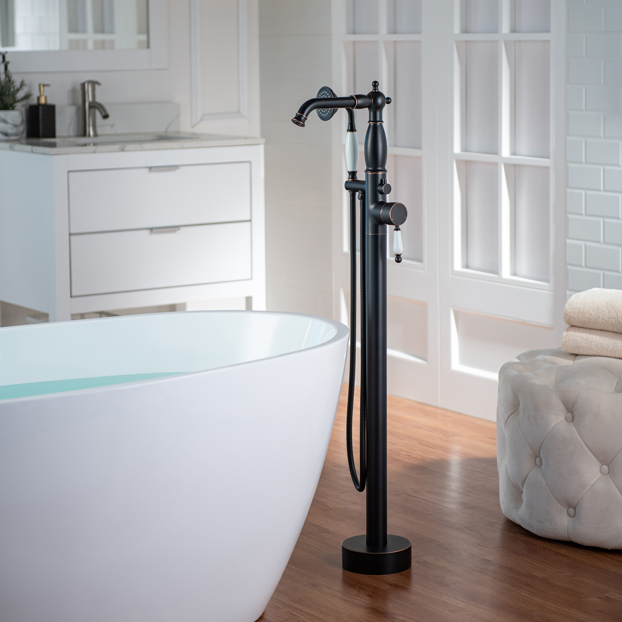  WOODBRIDGE F0049ORB Fusion Single Handle Floor Mount Freestanding Tub Filler Faucet with Telephone Hand shower in Oil Rubbed Bronze Finish_12279