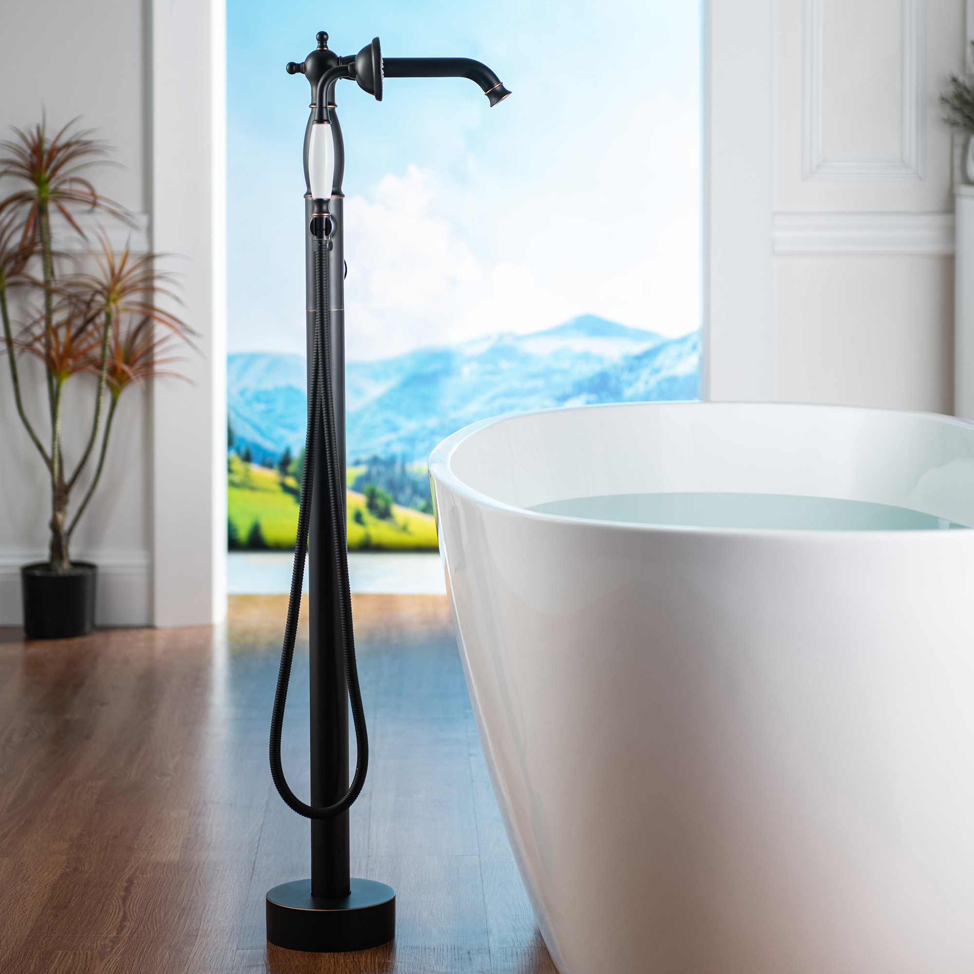  WOODBRIDGE F0049ORB Fusion Single Handle Floor Mount Freestanding Tub Filler Faucet with Telephone Hand shower in Oil Rubbed Bronze Finish_12280