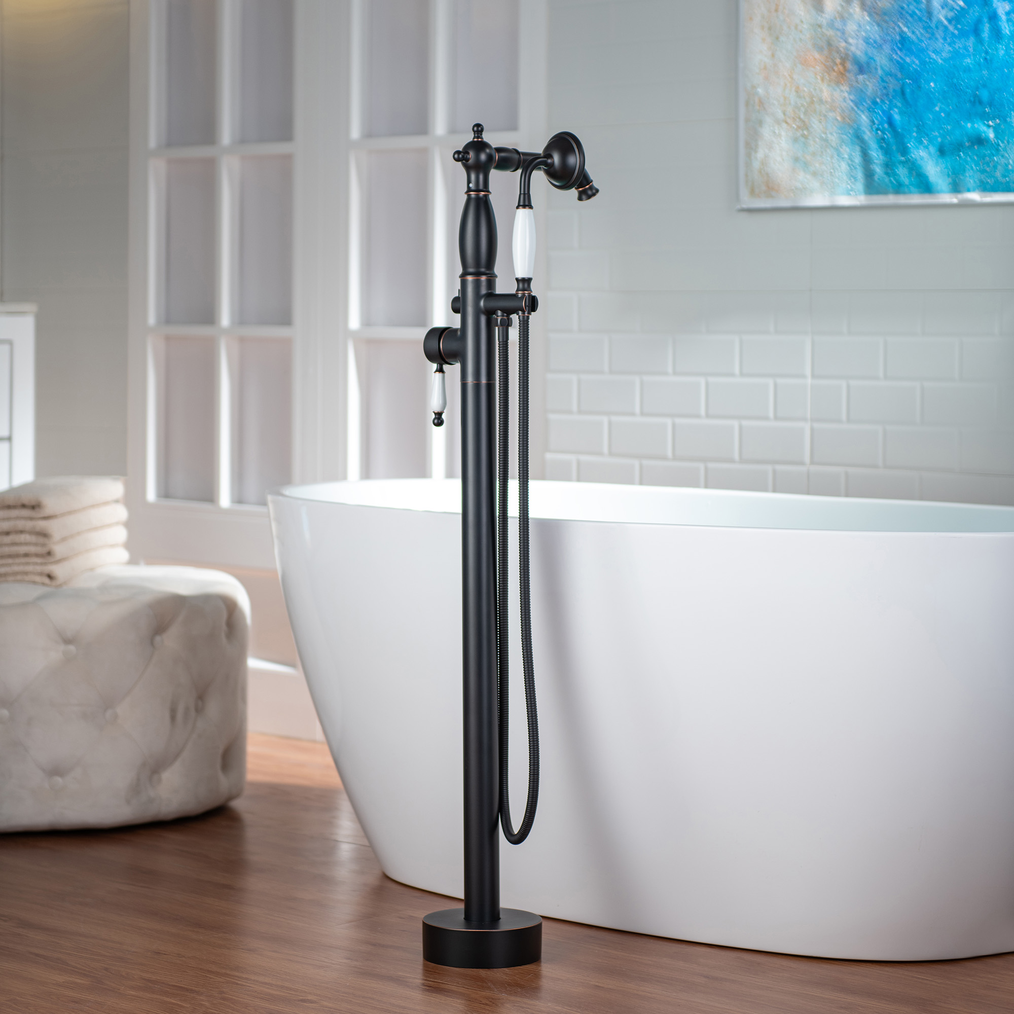  WOODBRIDGE F0049ORB Fusion Single Handle Floor Mount Freestanding Tub Filler Faucet with Telephone Hand shower in Oil Rubbed Bronze Finish_12281