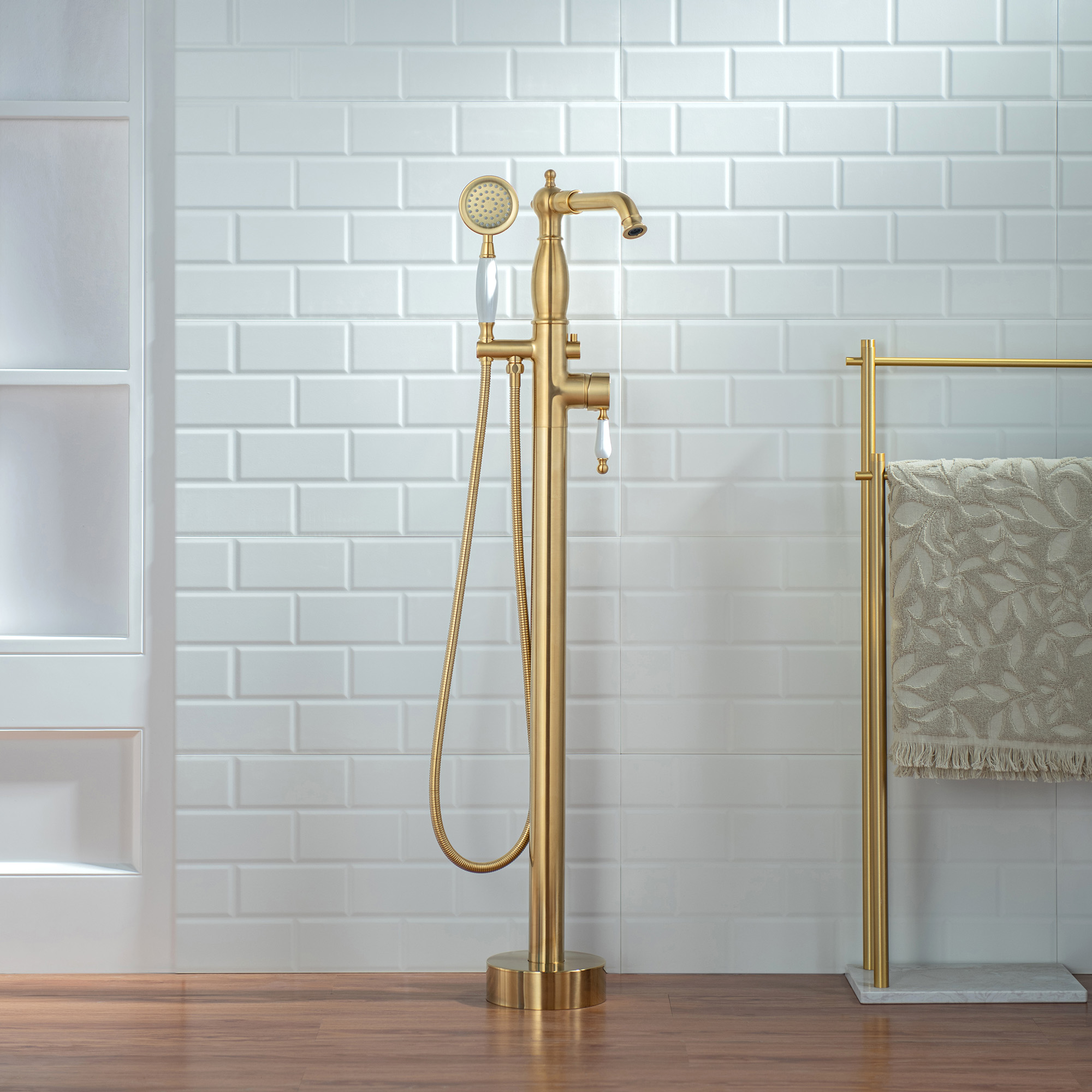 WOODBRIDGE F0050BG Fusion Single Handle Floor Mount Freestanding Tub Filler Faucet with Telephone Hand shower in Polished Gold Finis