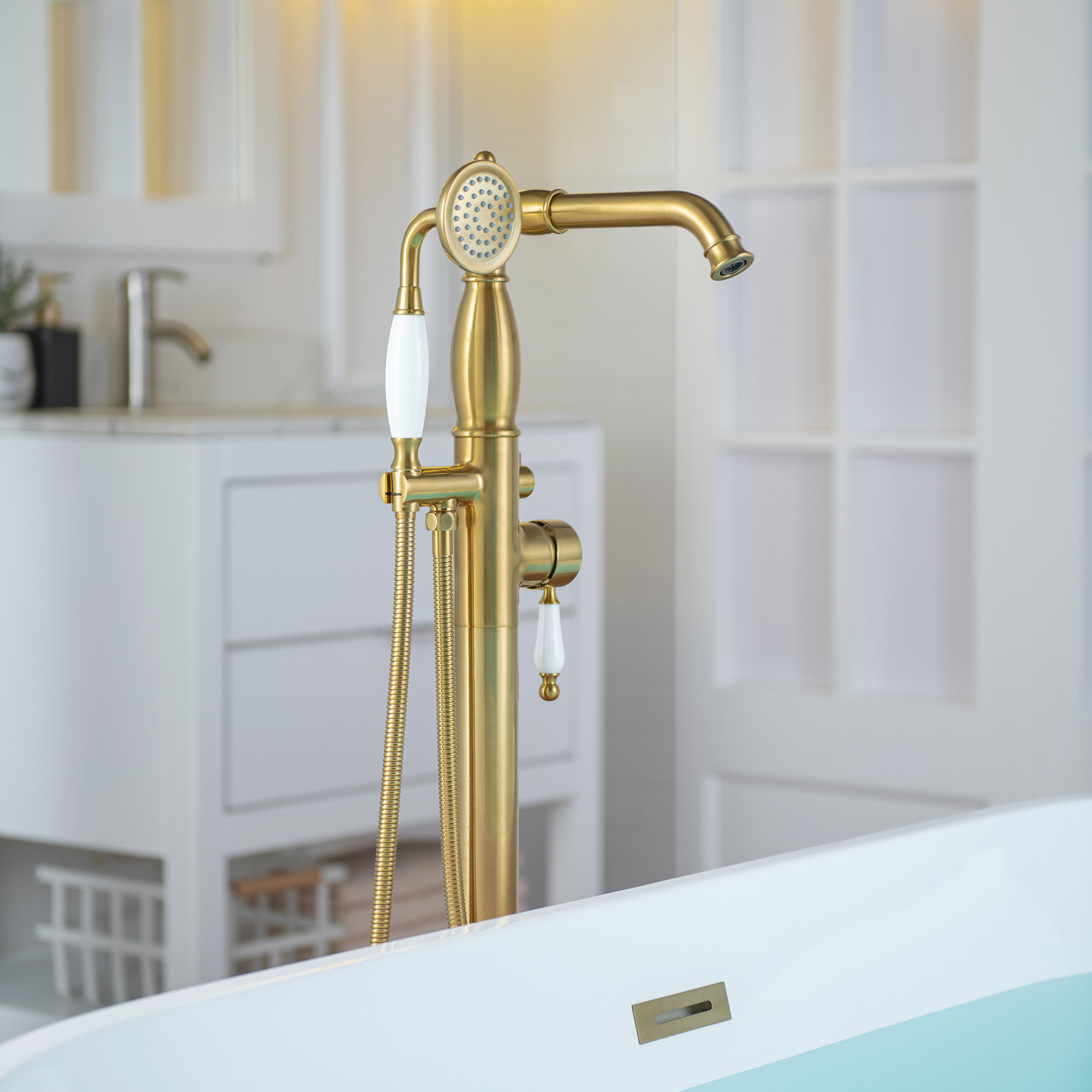  WOODBRIDGE F0050BG Fusion Single Handle Floor Mount Freestanding Tub Filler Faucet with Telephone Hand shower in Polished Gold Finis_12285