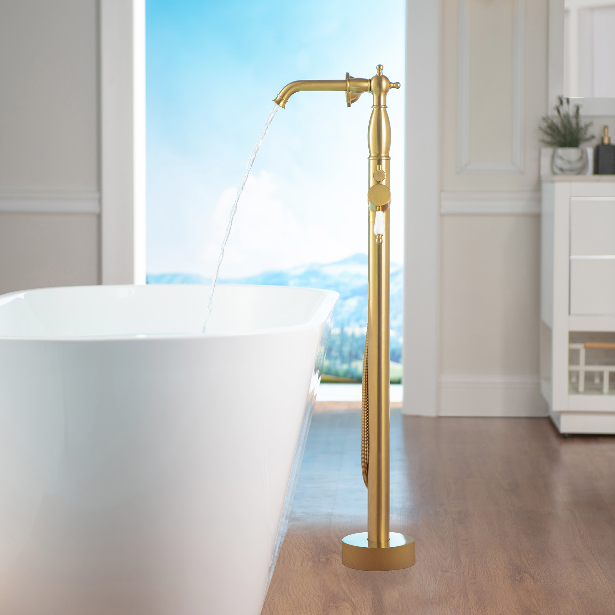  WOODBRIDGE F0050BG Fusion Single Handle Floor Mount Freestanding Tub Filler Faucet with Telephone Hand shower in Polished Gold Finis_12288