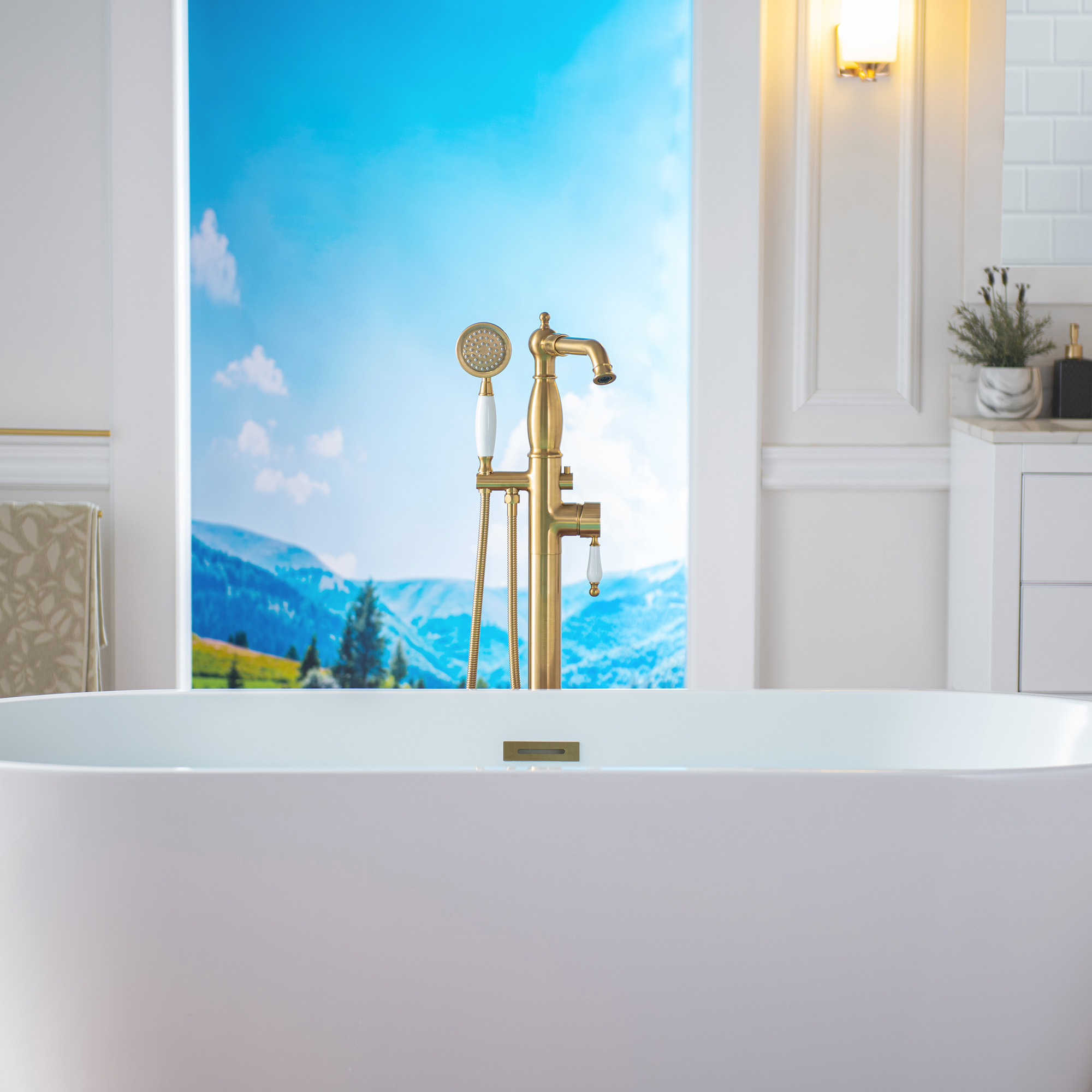  WOODBRIDGE F0050BG Fusion Single Handle Floor Mount Freestanding Tub Filler Faucet with Telephone Hand shower in Polished Gold Finis_12290
