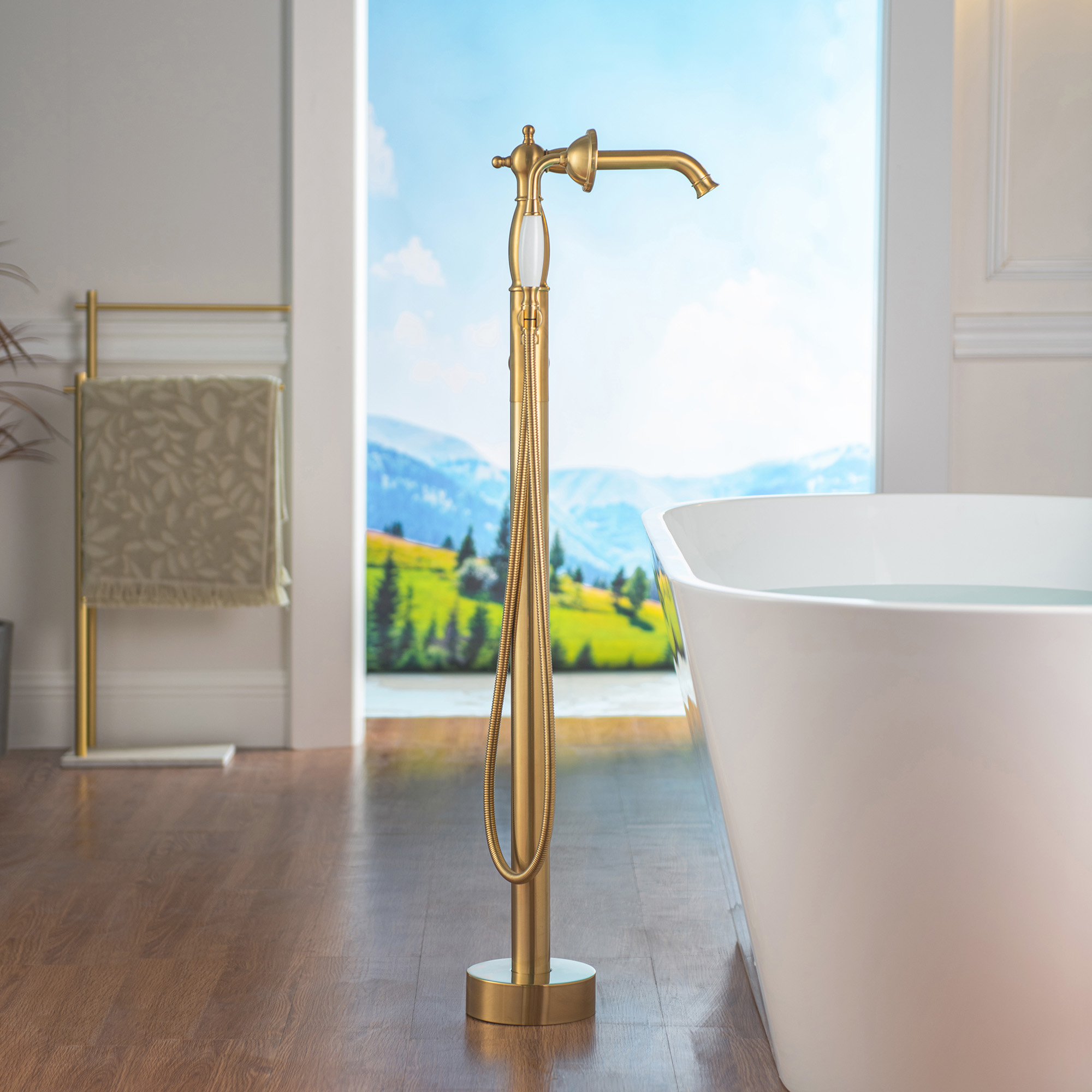  WOODBRIDGE F0050BG Fusion Single Handle Floor Mount Freestanding Tub Filler Faucet with Telephone Hand shower in Polished Gold Finis_12291