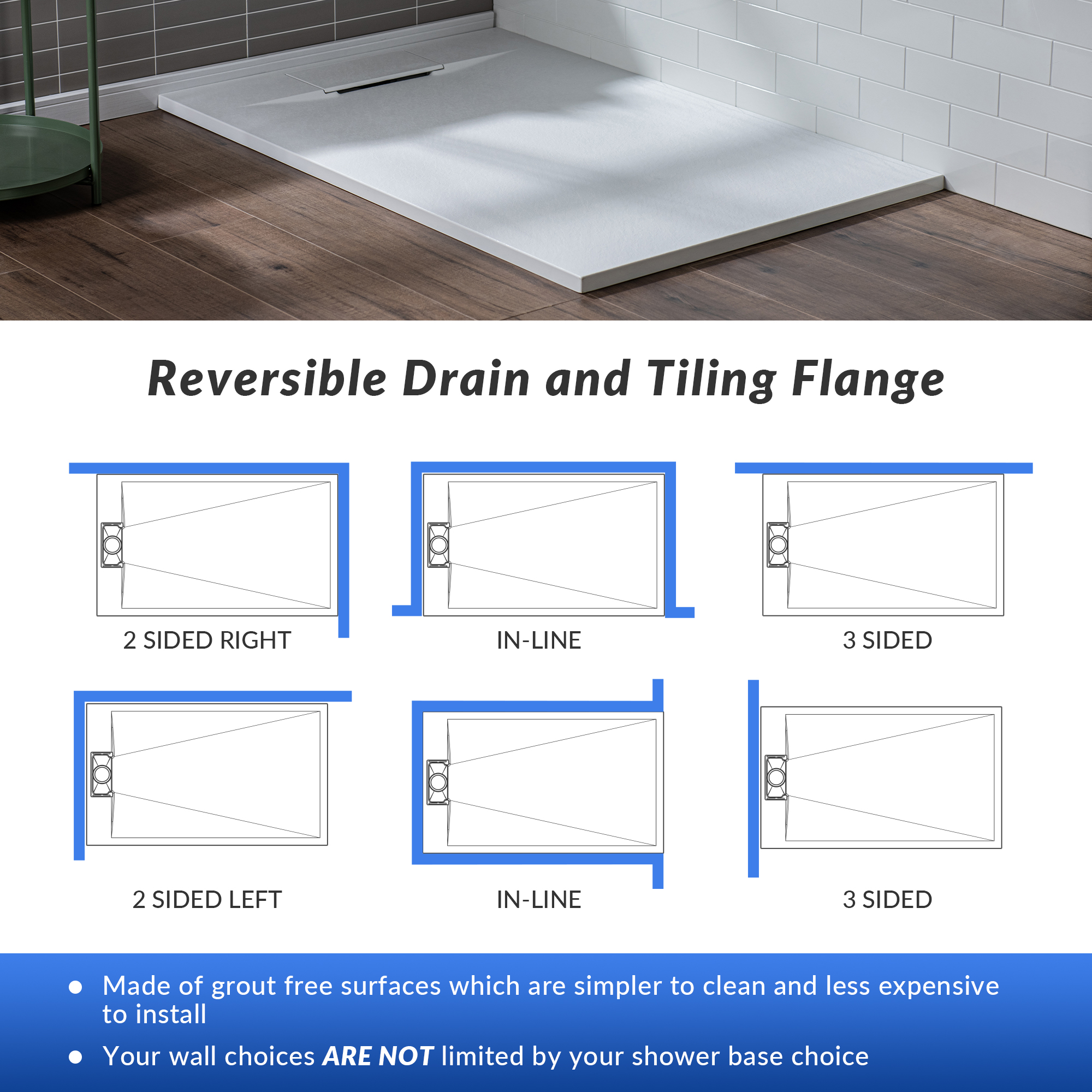  WOODBRIDGE 48-in L x 32-in W Zero Threshold End Drain Shower Base with Reversable Drain Placement, Matching Decorative Drain Plate and Tile Flange, Wheel Chair Access, Low Profile, White_12337
