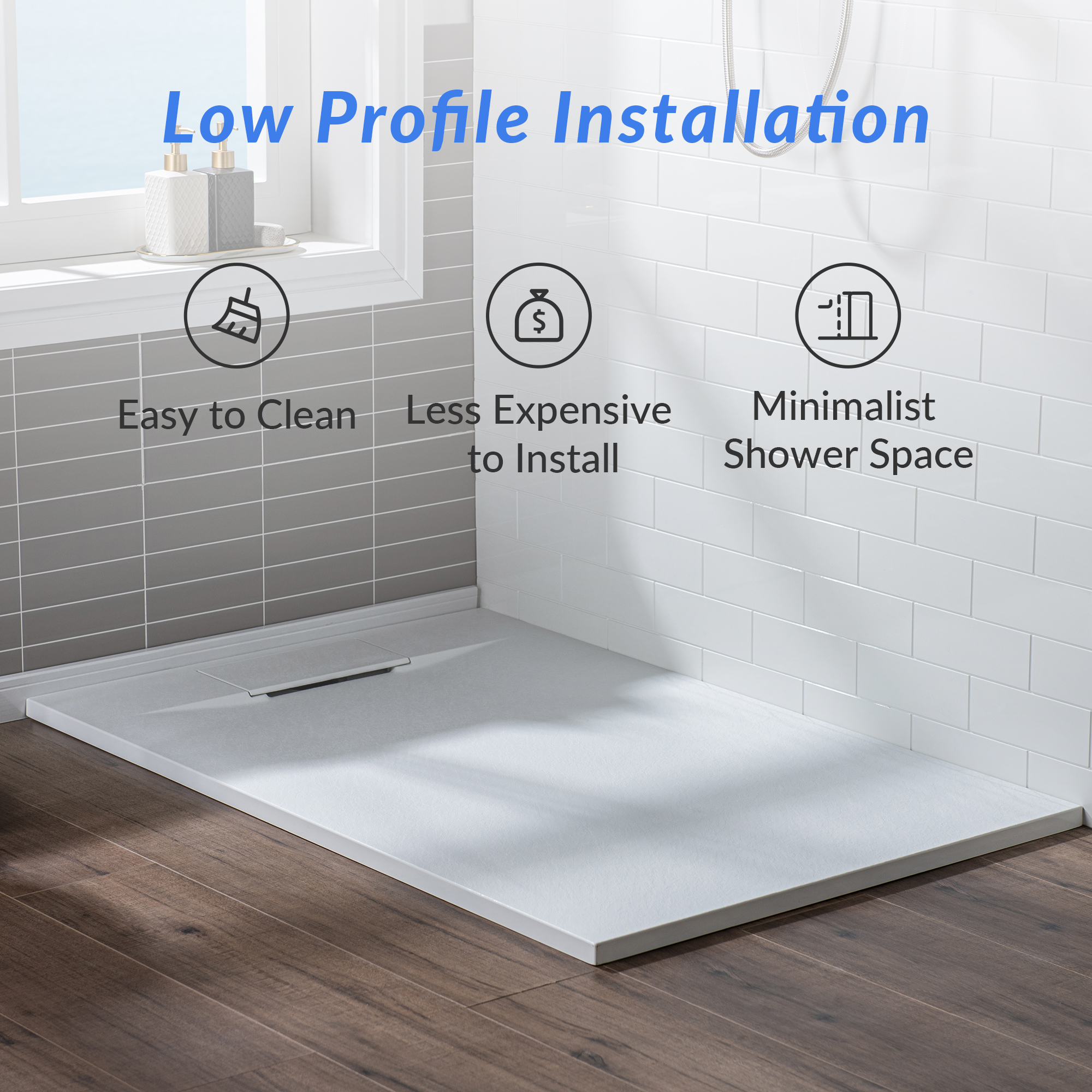  WOODBRIDGE 48-in L x 32-in W Zero Threshold End Drain Shower Base with Reversable Drain Placement, Matching Decorative Drain Plate and Tile Flange, Wheel Chair Access, Low Profile, White_12340
