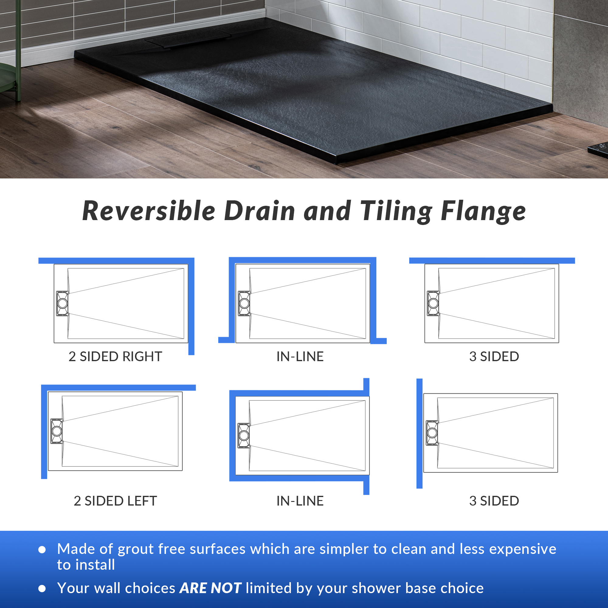  WOODBRIDGE 48-in L x 32-in W Zero Threshold End Drain Shower Base with Reversable Drain Placement, Matching Decorative Drain Plate and Tile Flange, Wheel Chair Access, Low Profile, Black_12352