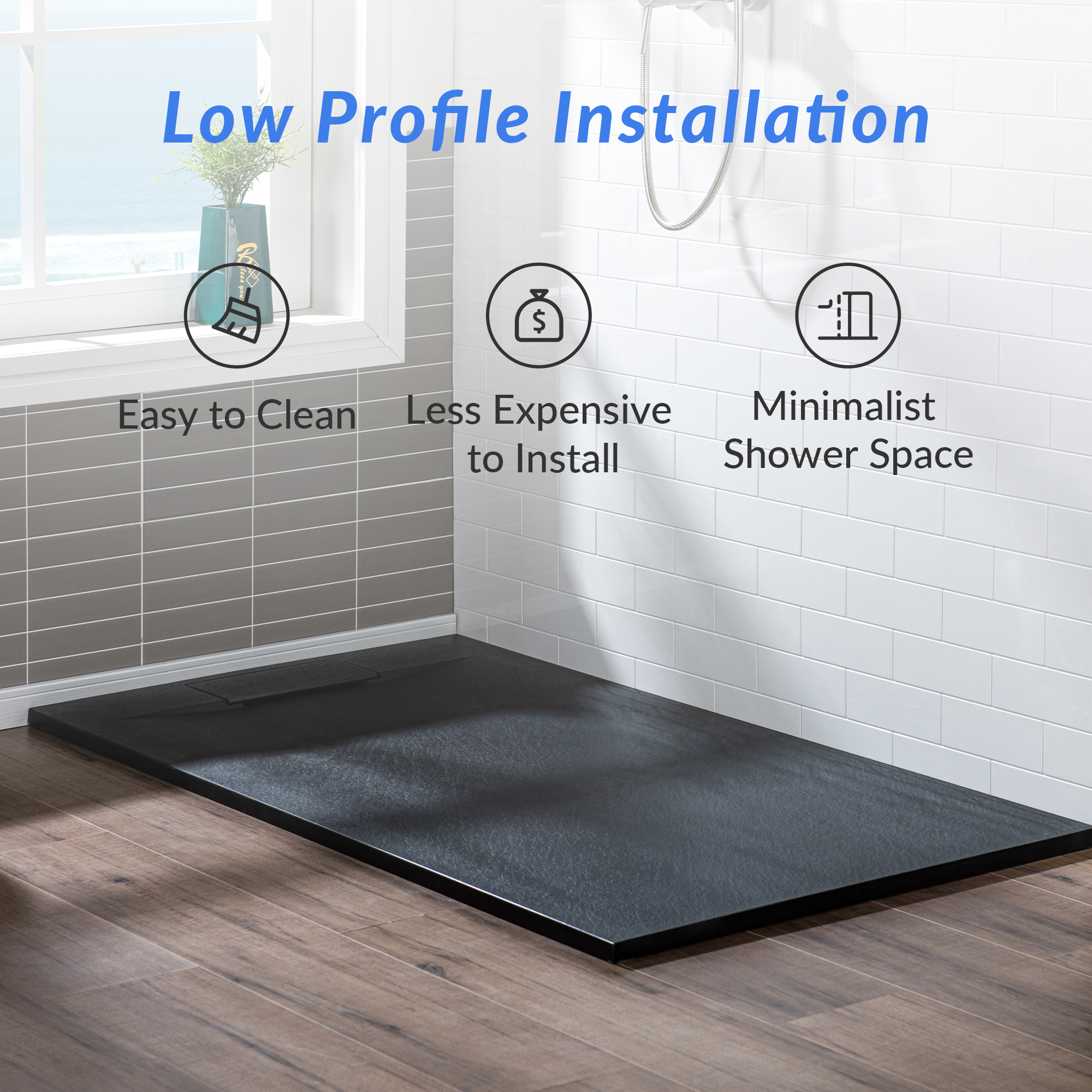  WOODBRIDGE 48-in L x 32-in W Zero Threshold End Drain Shower Base with Reversable Drain Placement, Matching Decorative Drain Plate and Tile Flange, Wheel Chair Access, Low Profile, Black_12356