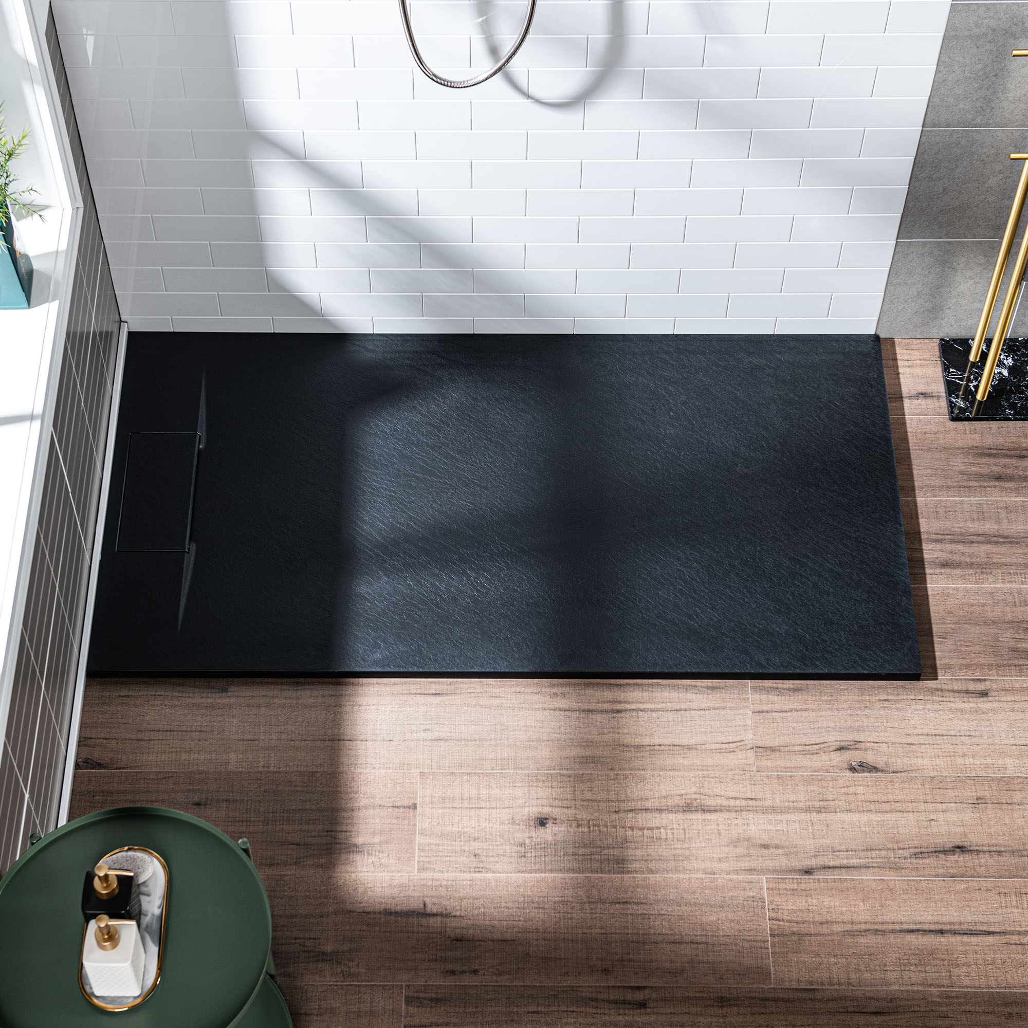  WOODBRIDGE 48-in L x 32-in W Zero Threshold End Drain Shower Base with Reversable Drain Placement, Matching Decorative Drain Plate and Tile Flange, Wheel Chair Access, Low Profile, Black_12364