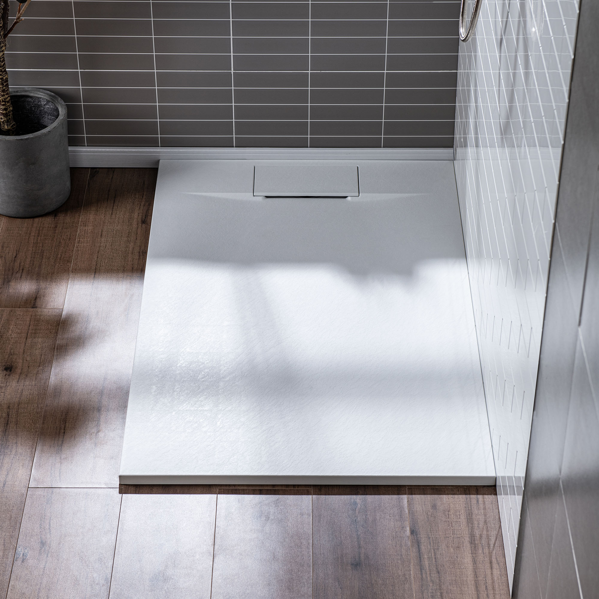  WOODBRIDGE 48-in L x 36-in W Zero Threshold End Drain Shower Base with Reversable Drain Placement, Matching Decorative Drain Plate and Tile Flange, Wheel Chair Access, Low Profile, White_12408