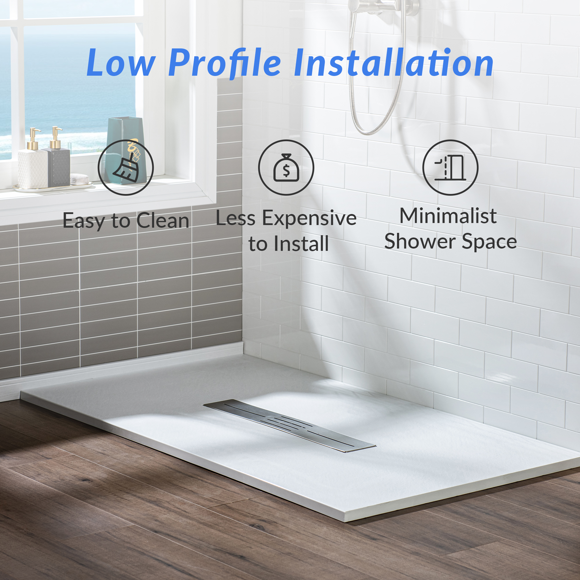  WOODBRIDGE 48-in L x 32-in W Zero Threshold End Drain Shower Base with Center Drain Placement, Matching Decorative Drain Plate and Tile Flange, Wheel Chair Access, Low Profile, White_12461