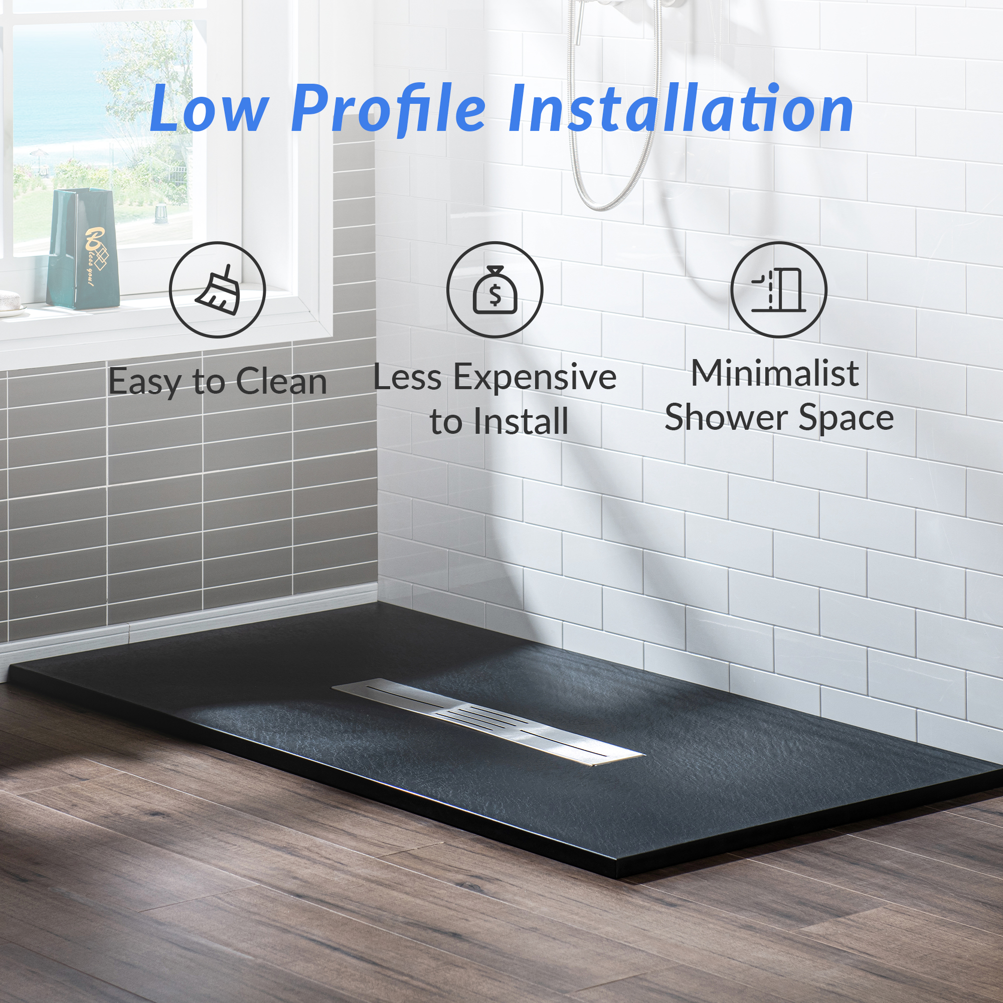  WOODBRIDGE 48-in L x 32-in W Zero Threshold End Drain Shower Base with Center Drain Placement, Matching Decorative Drain Plate and Tile Flange, Wheel Chair Access, Low Profile, Black_12476
