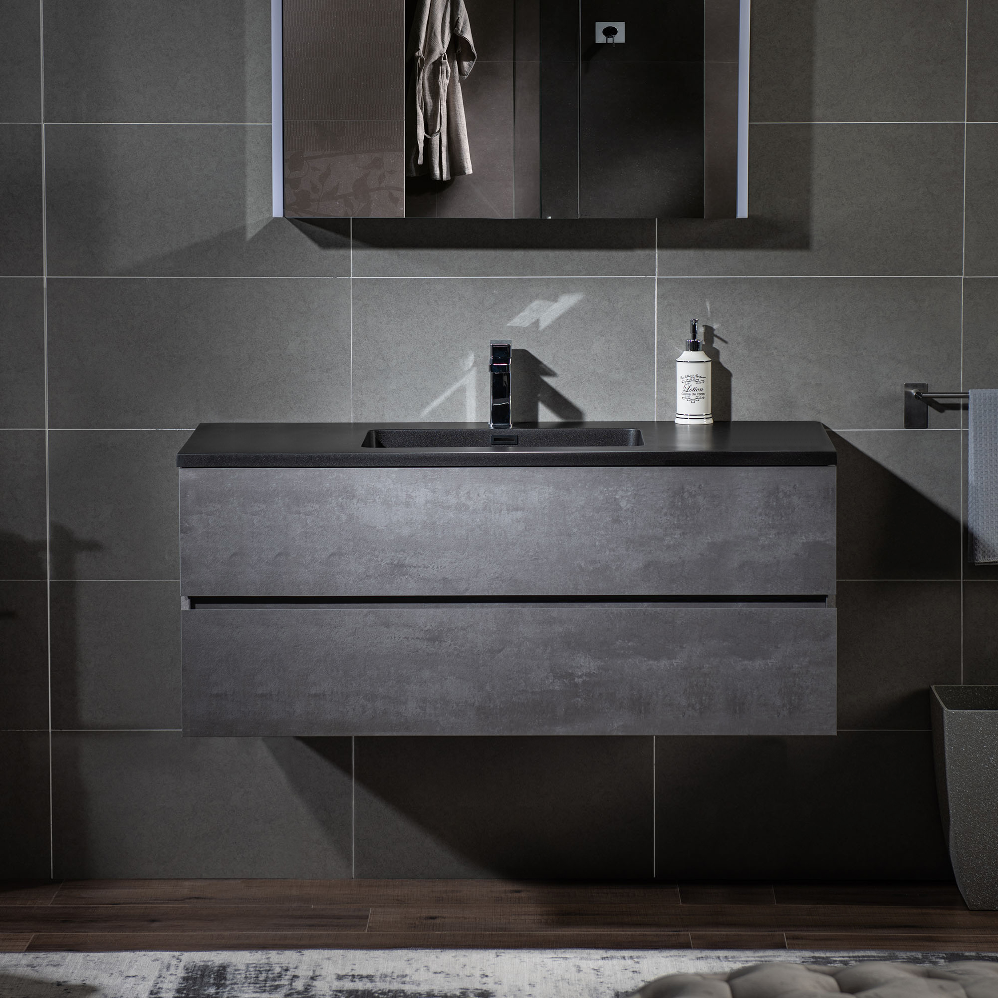 WOODBRIDGE 48 in. W x 18-7/8 in. D Contemporary Wall Hung Floating Vanity in Gray with Quartz Sand Composite Vanity Top in Black with matching finish sink.