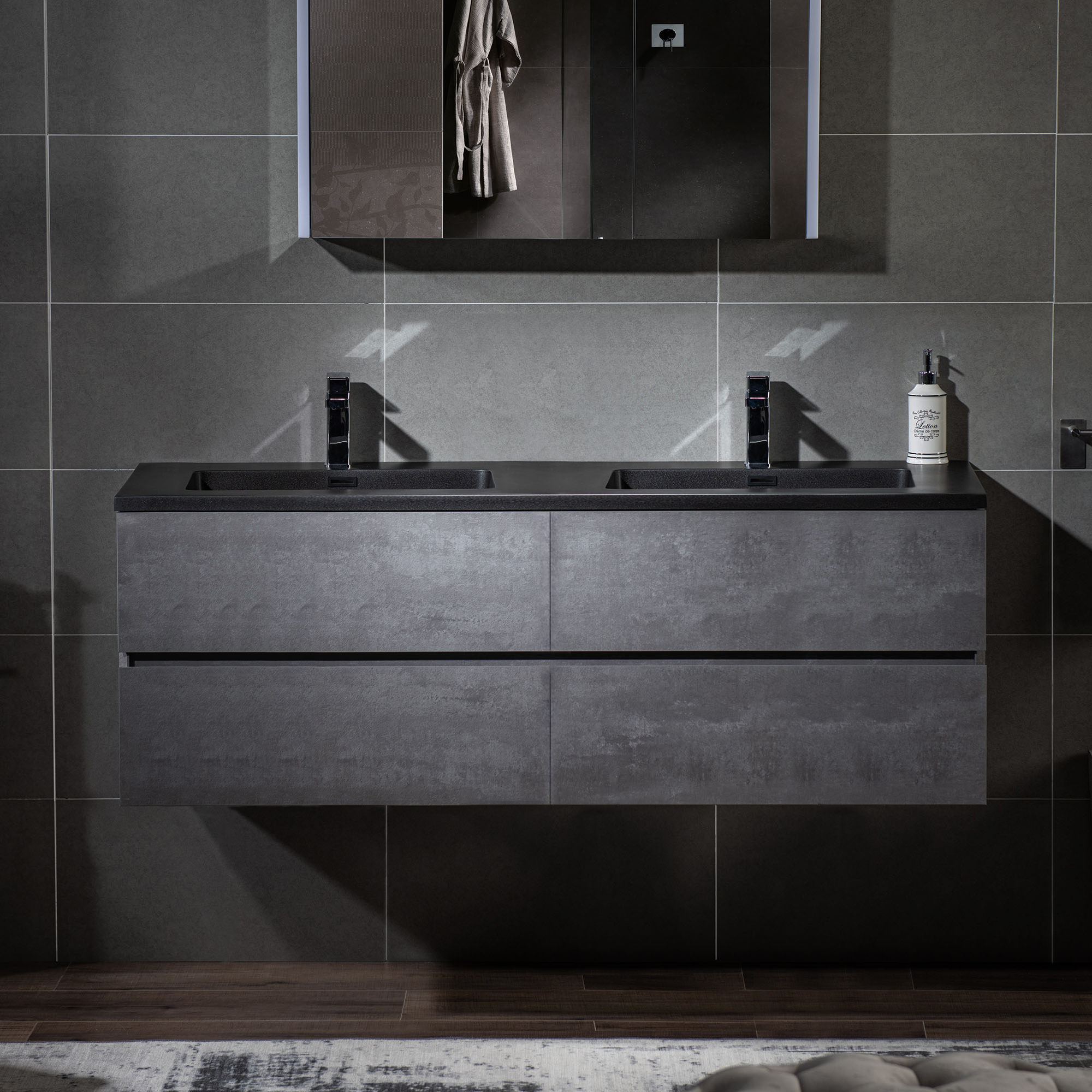 WOODBRIDGE 59 in. W x 18-7/8 in. D Contemporary Wall Hung Floating Vanity in Gray with Quartz Sand Composite Vanity Top in Black with matching finish sink.
