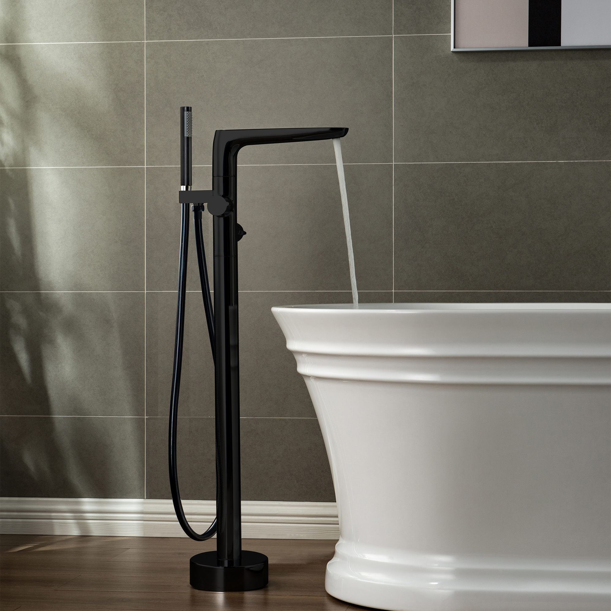 WOODBRIDGE F0015BL Contemporary Single Handle Floor Mount Freestanding Tub Filler Faucet with Hand shower in Matte Black Finish.