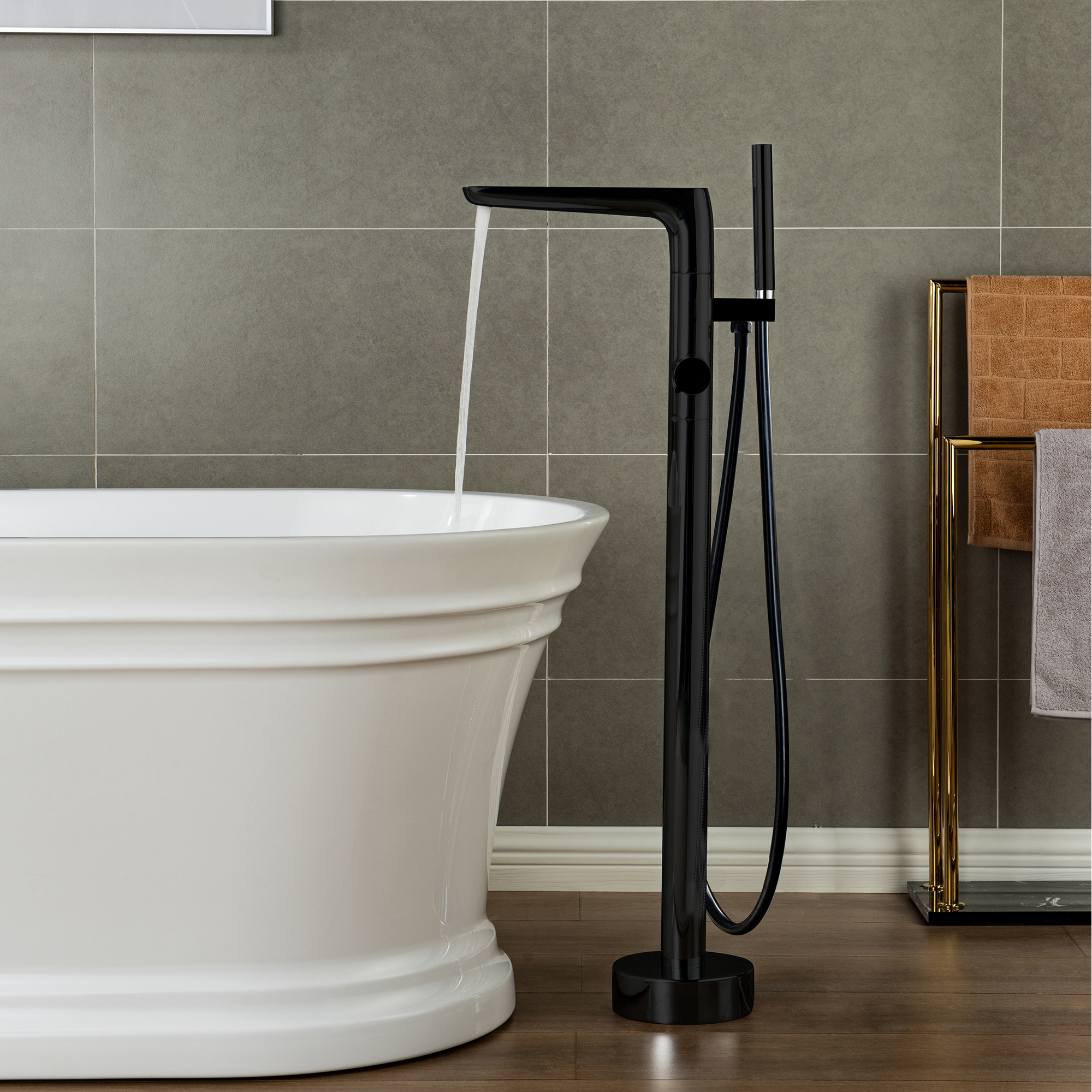  WOODBRIDGE F0015BL Contemporary Single Handle Floor Mount Freestanding Tub Filler Faucet with Hand shower in Matte Black Finish._12702
