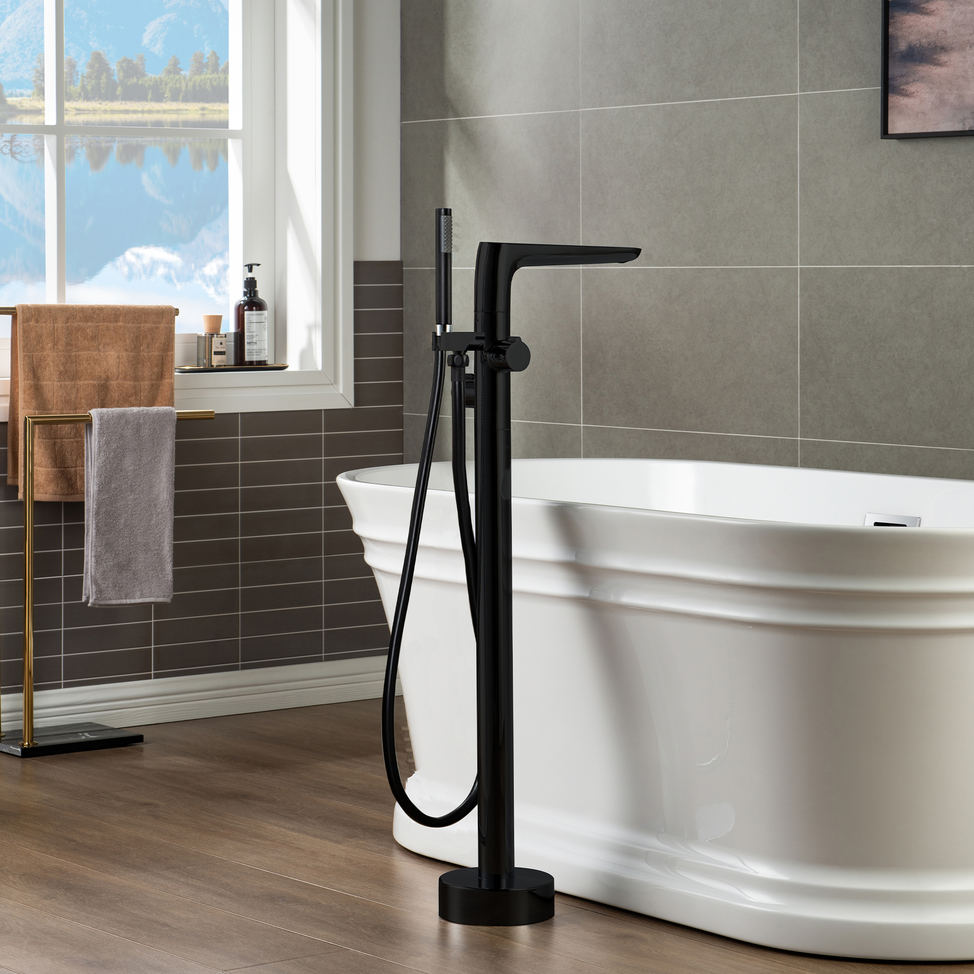  WOODBRIDGE F0015BL Contemporary Single Handle Floor Mount Freestanding Tub Filler Faucet with Hand shower in Matte Black Finish._12703